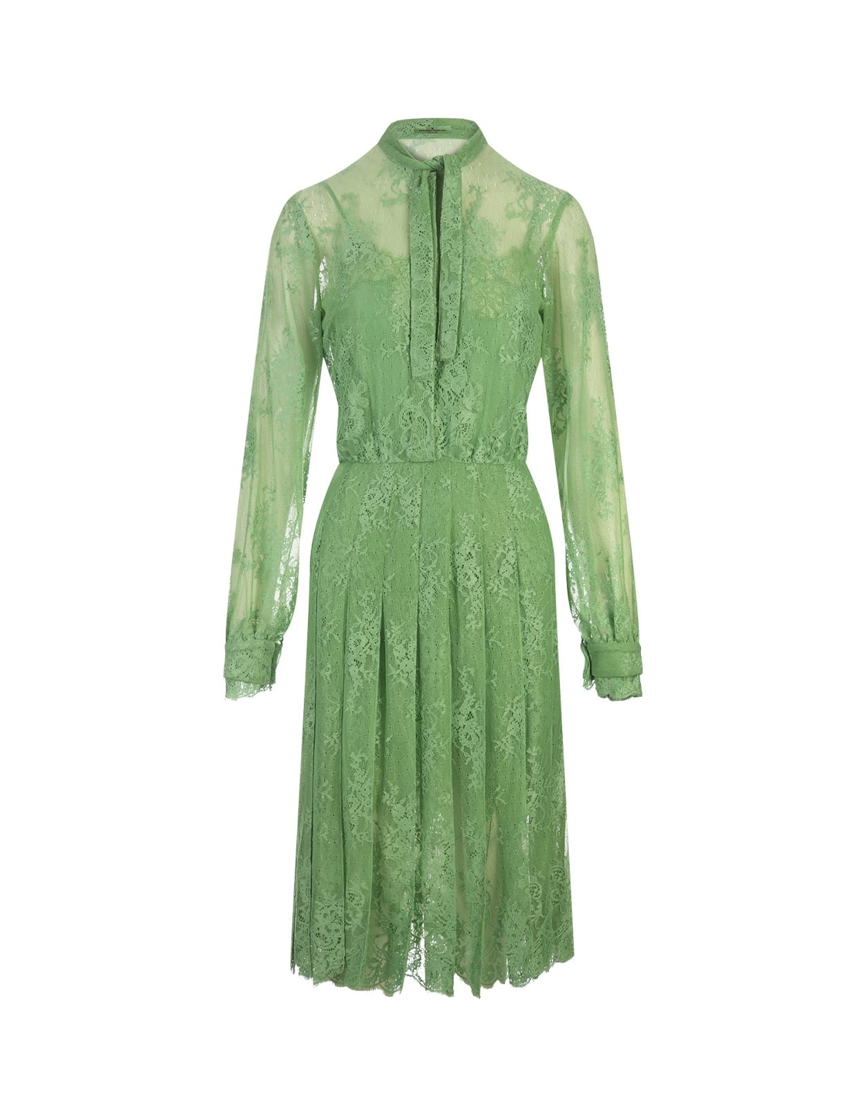 Green Lace Dress With Long Sleeve And Collar Bow