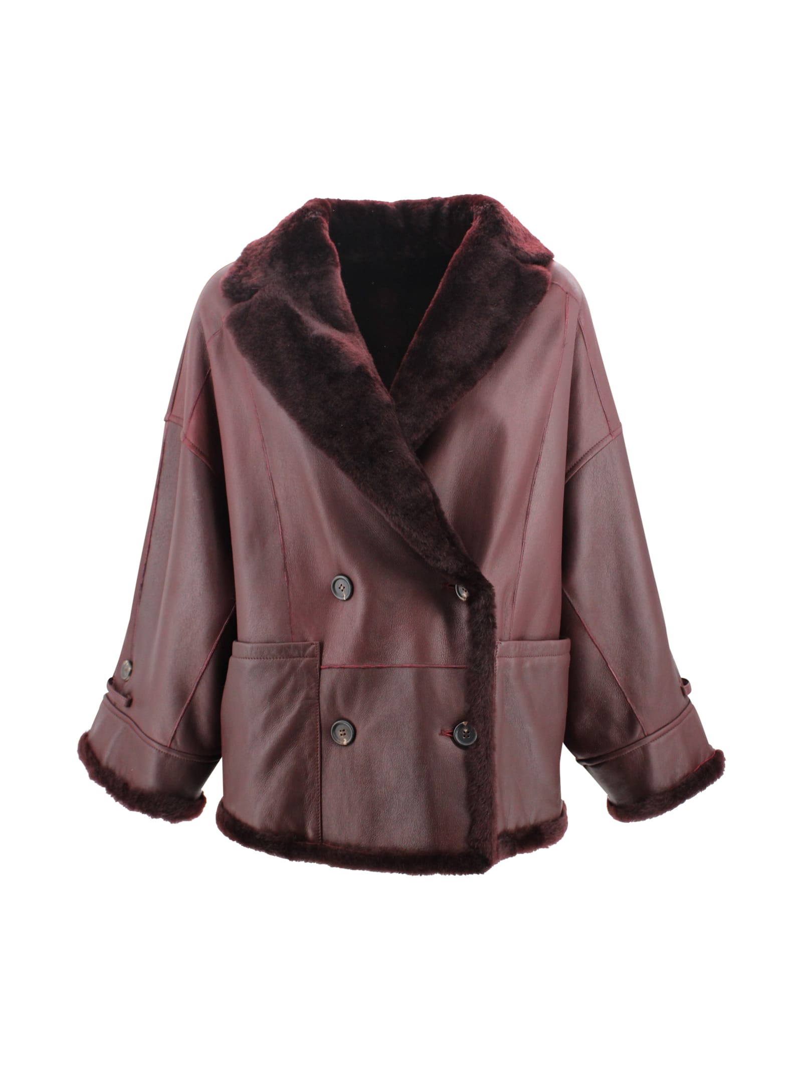 Brunello Cucinelli Reversible Shearling Outerwear With Shiny Cuff Details. In Burgundy