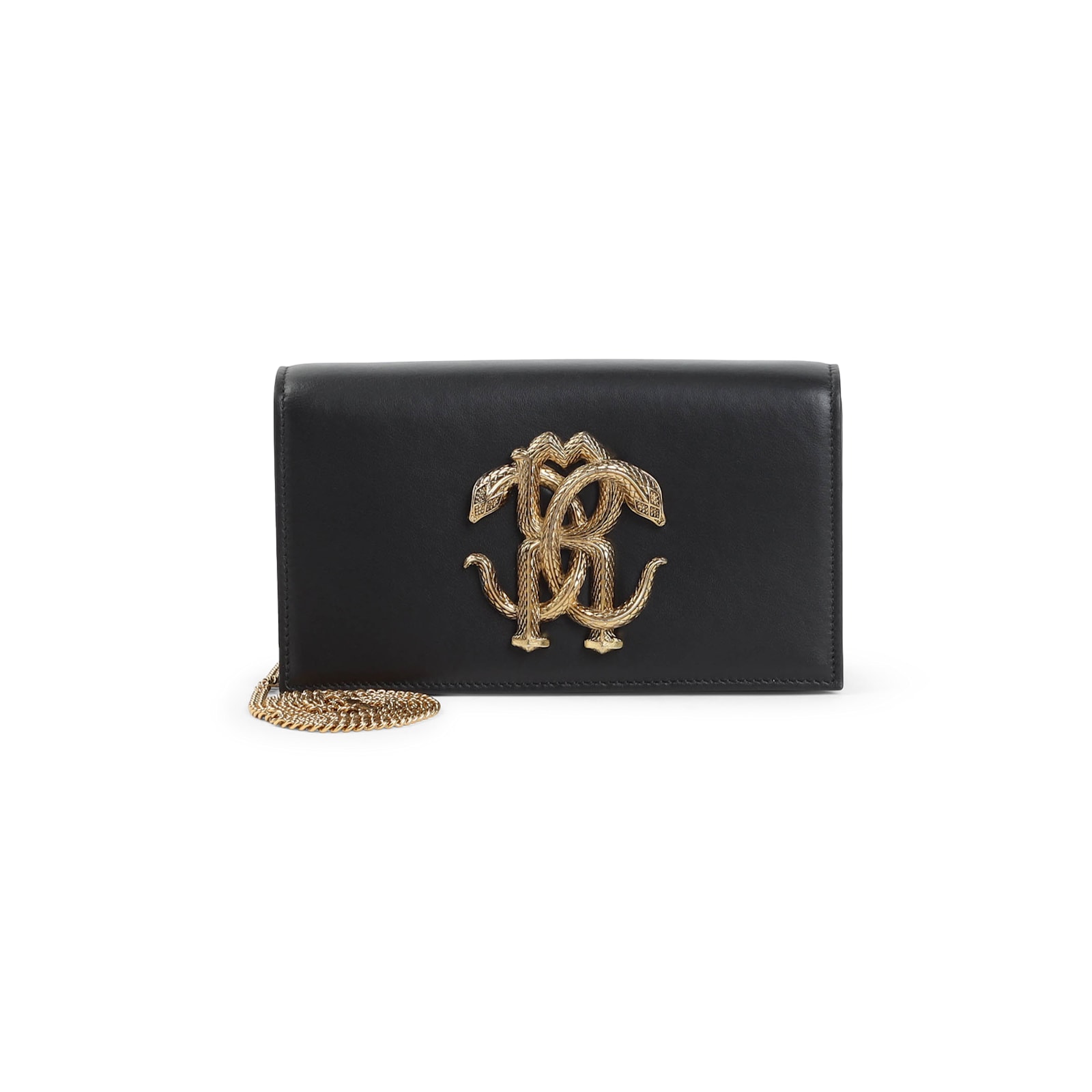 Roberto Cavalli Black Leather Shoulder Bag With Gold Emblem In Black