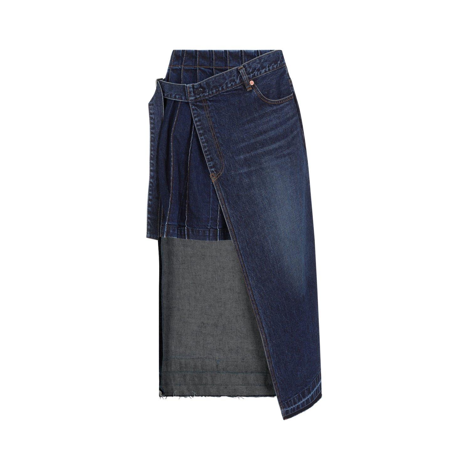 Overlapping Raw-cut Hem Denim Midi Skirt