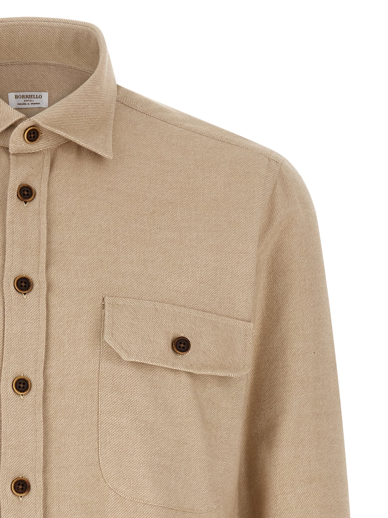 Borriello Napoli Cotton Flannel Shirt With Structured Collar In Brown