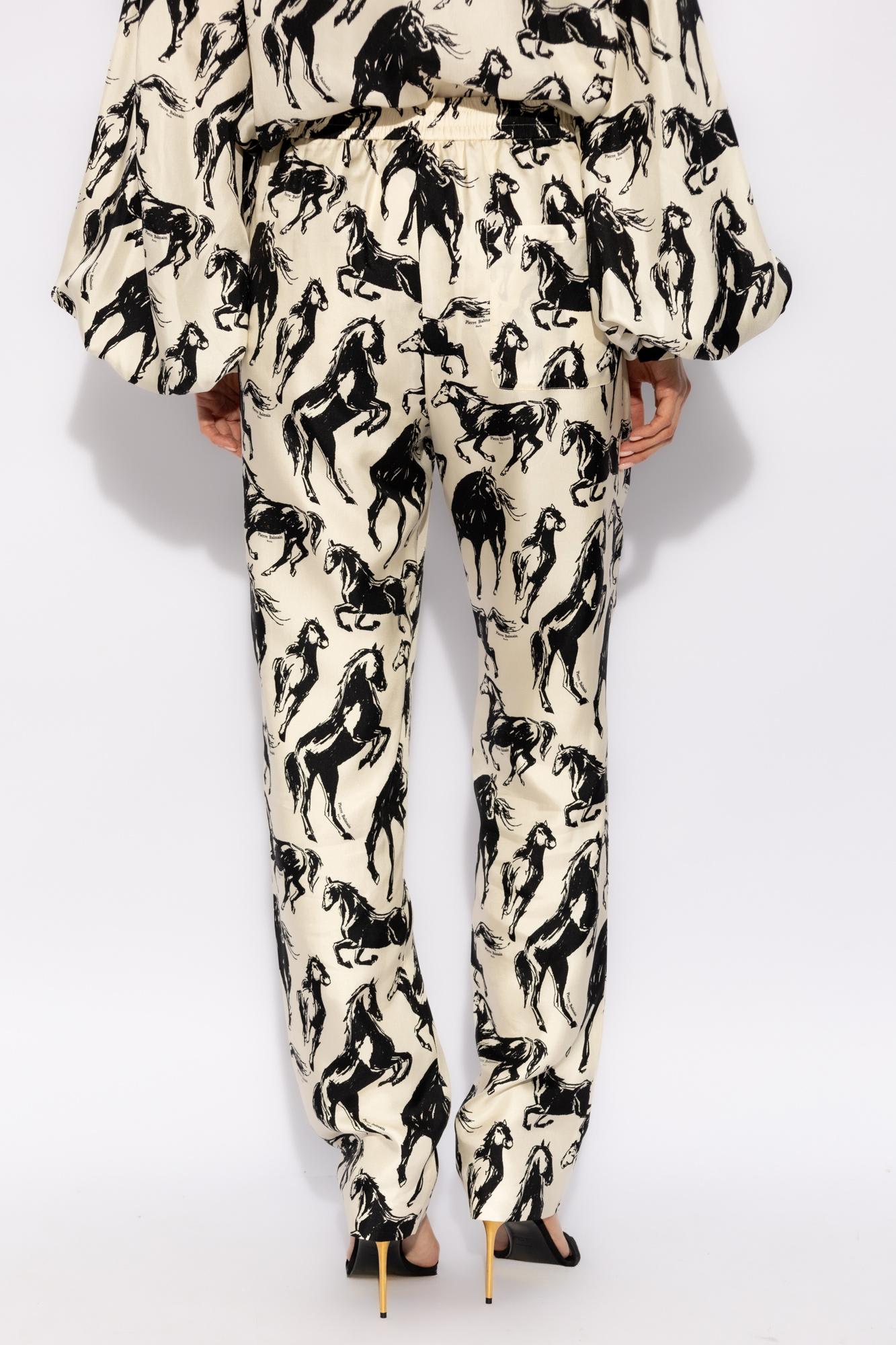 Shop Balmain Silk Trousers With Horse Motif In White