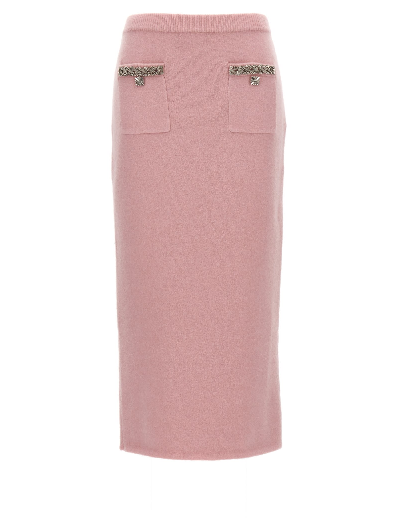 SELF-PORTRAIT PINK EMBELLISHED KNIT MIDI SKIRT 