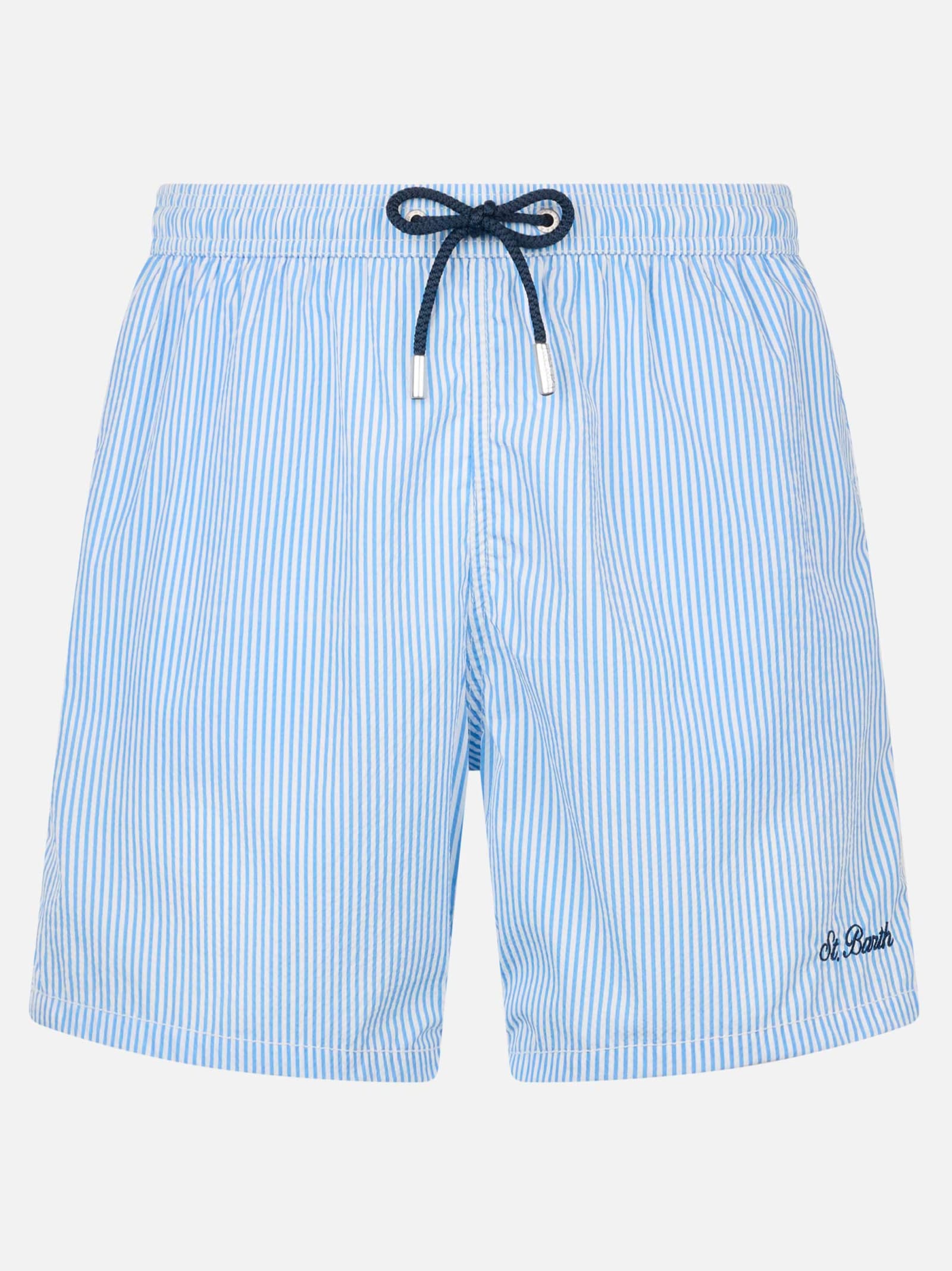 Mc2 Saint Barth Man Seersucker Striped Swim Shorts Patmos In Sky