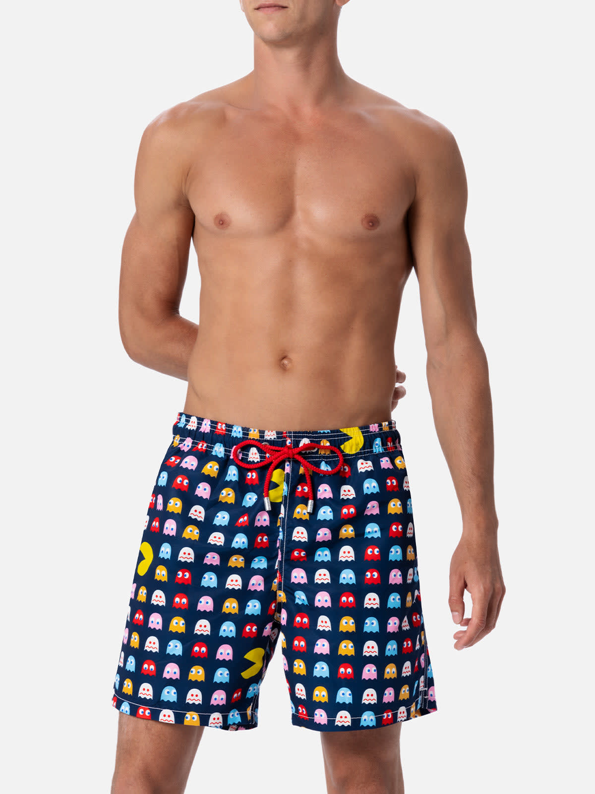 Shop Mc2 Saint Barth Man Mid-length Gustavia Swim-shorts With Pac-man Print Pac Man Special Edition In Blue