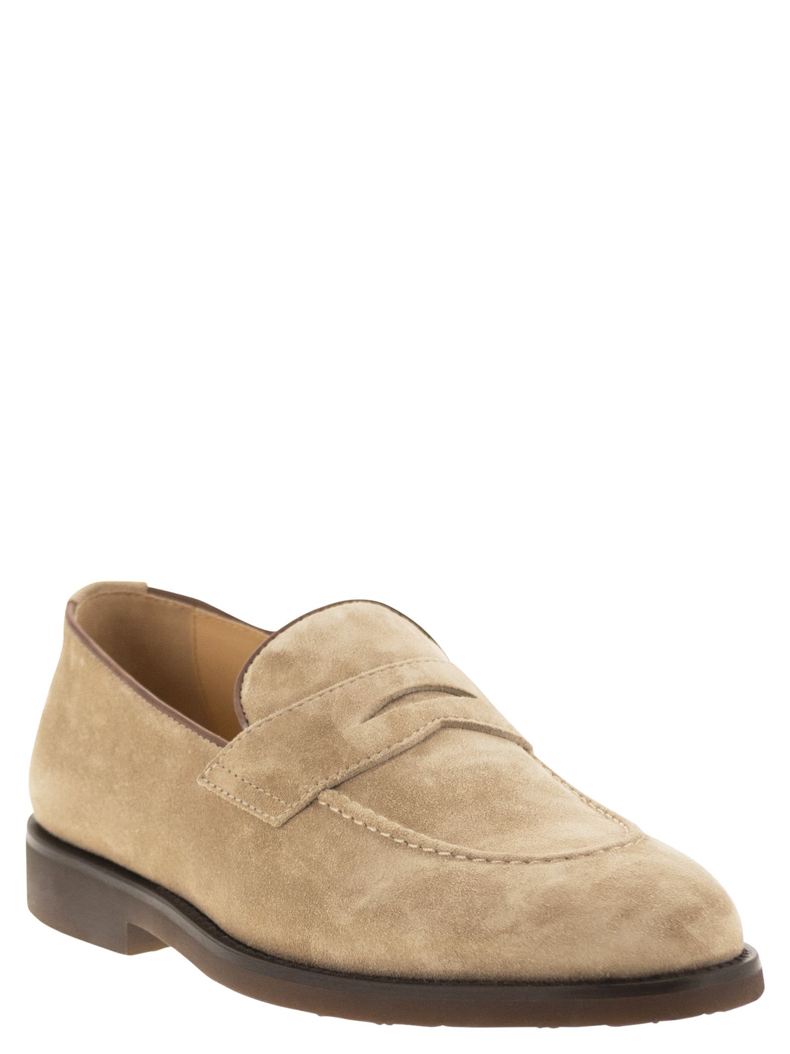 Shop Brunello Cucinelli Penny Loafer In Washed Suede In Hazelnut