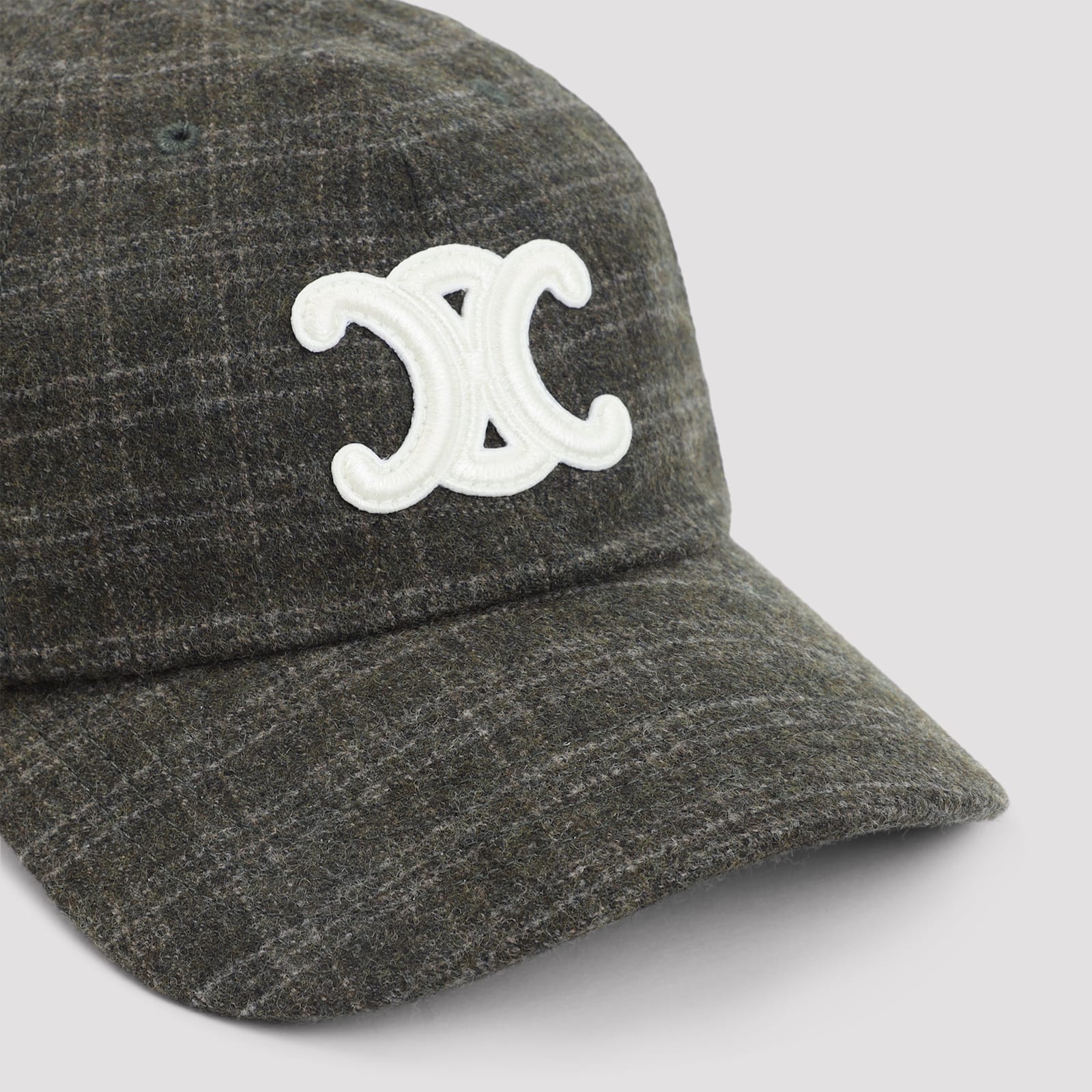 Celine Triomphe Baseball Cap In Checked Wool Felt In Green