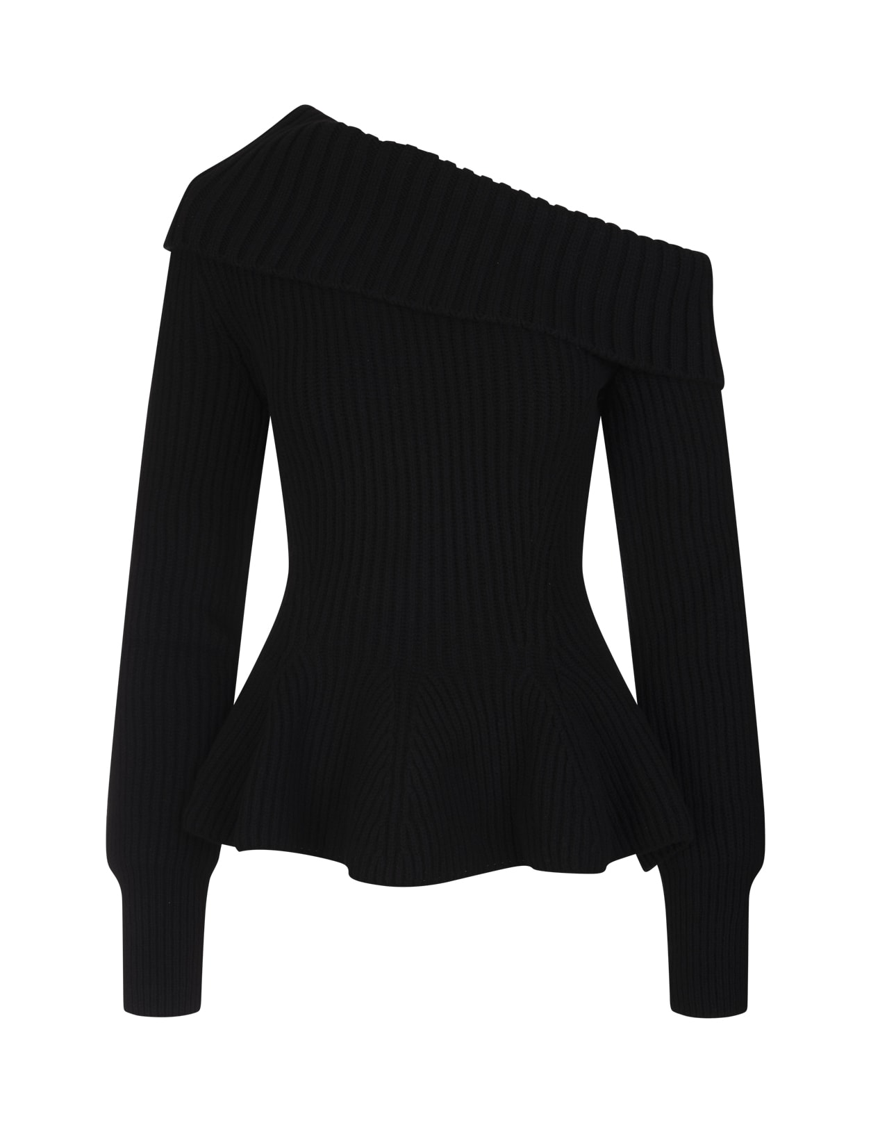 Alexander McQueen Woman Black One Shoulder Sweater With Ruffles