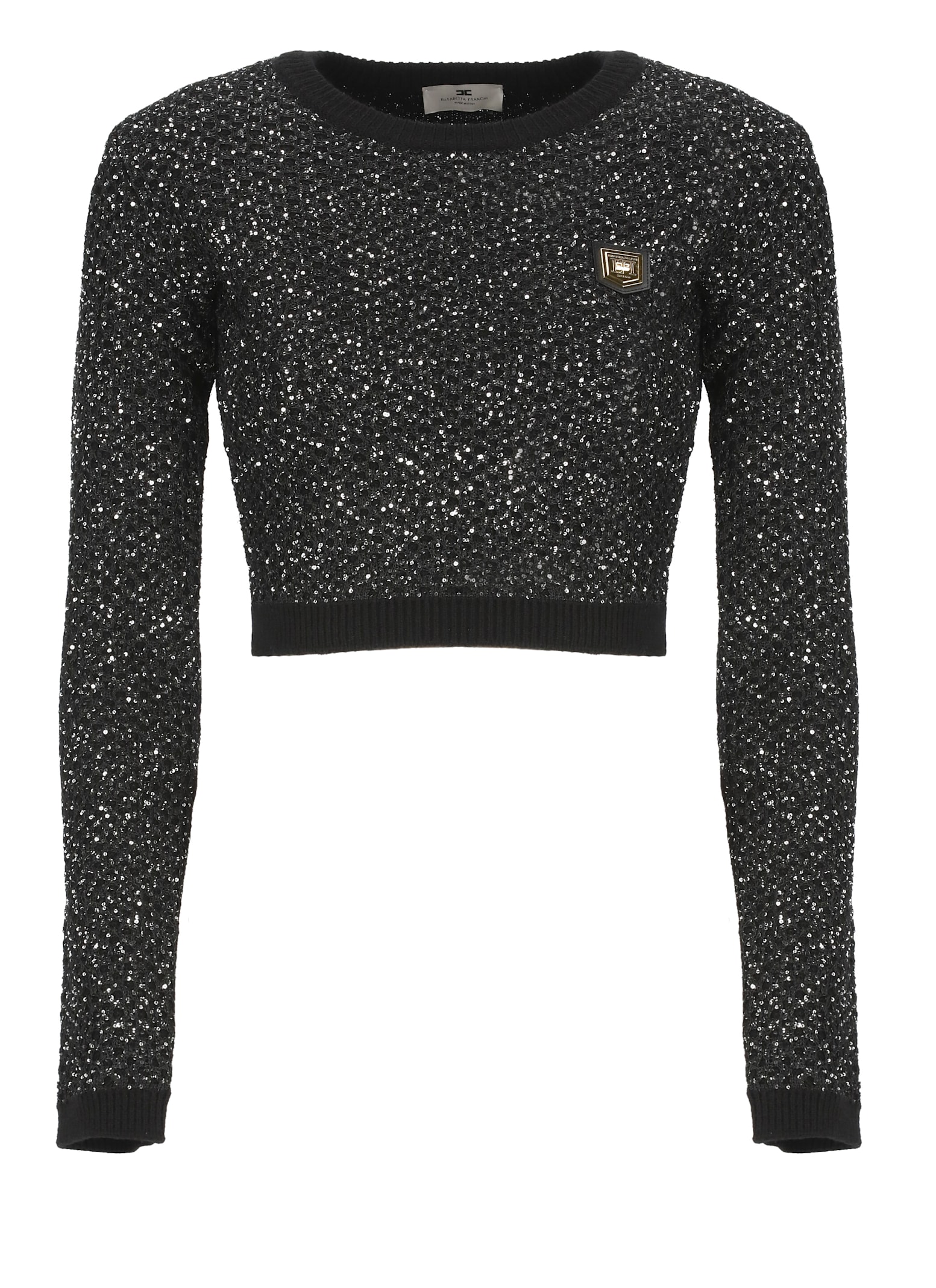 Shop Elisabetta Franchi Cropped Sweater With Paillettes In Black