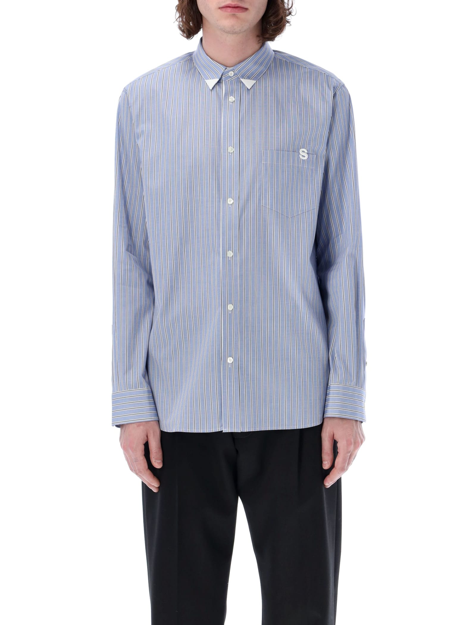 Sacai Thomas Mason Long-sleeved Poplin Shirt In Light Blue Stripes
