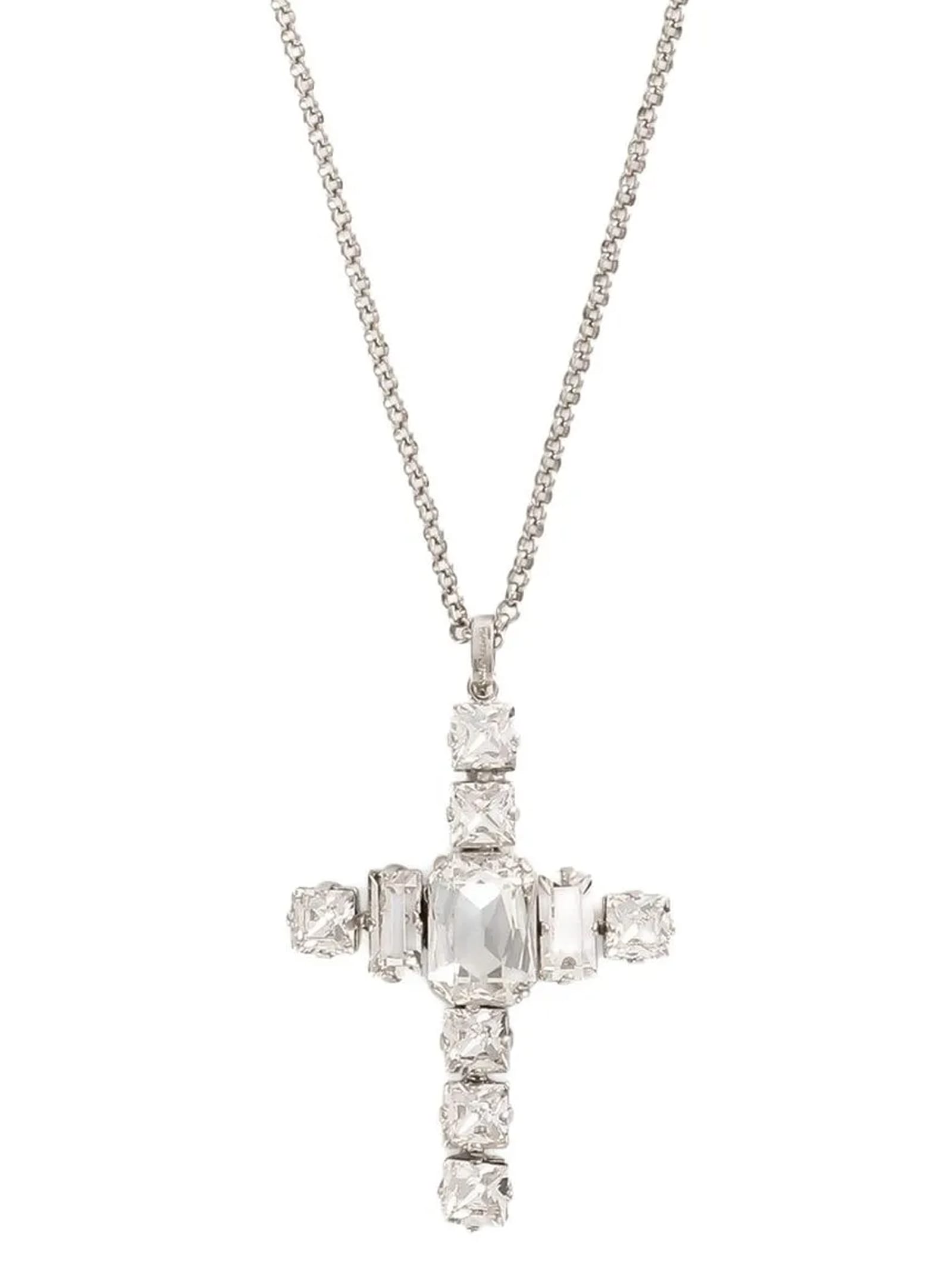 Dolce & Gabbana Cross Necklace With Rhinestones Accessories In Silver