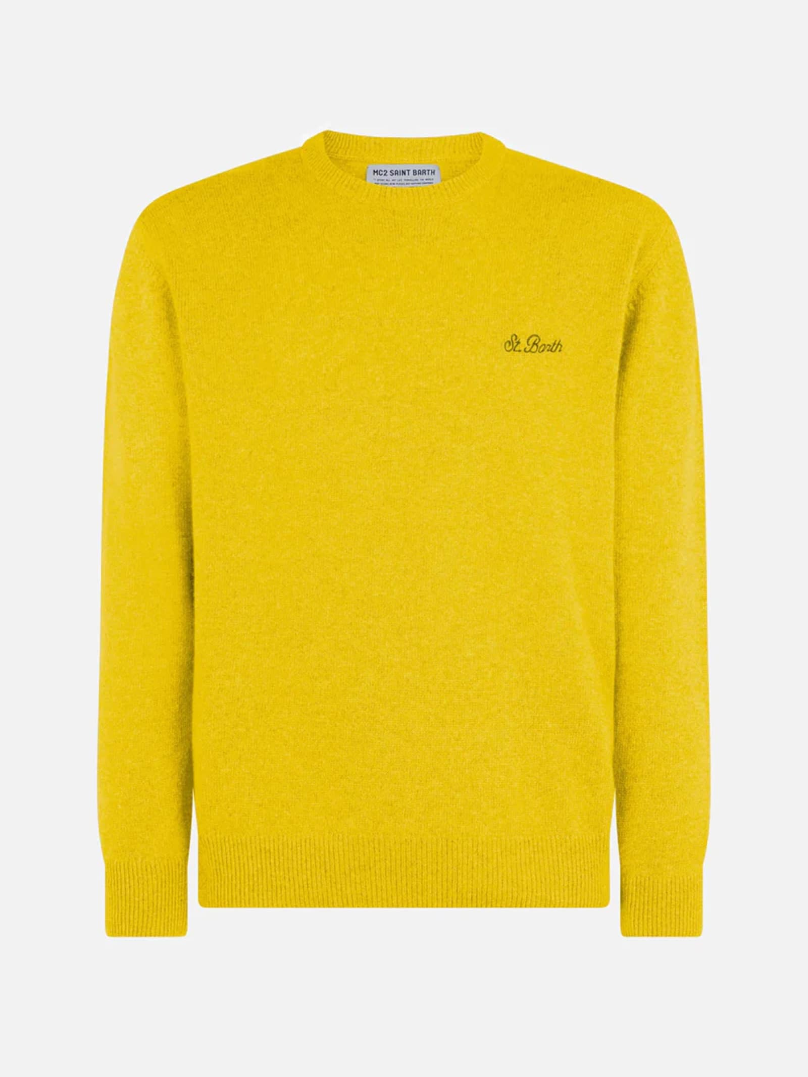 Mc2 Saint Barth Man Crewneck Yellow Sweater With St. Barth Embroidery In Yellow