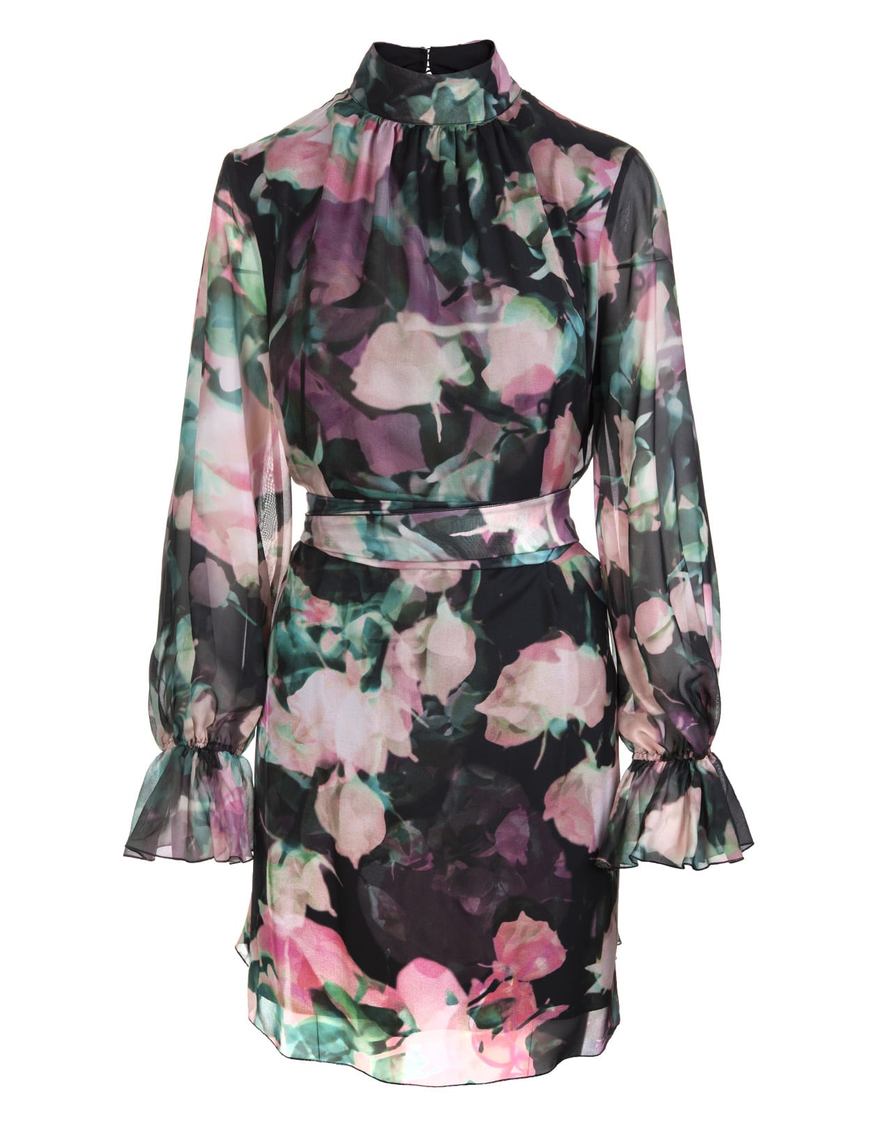 Blumarine Short Dress In Black Silk With Rose Print