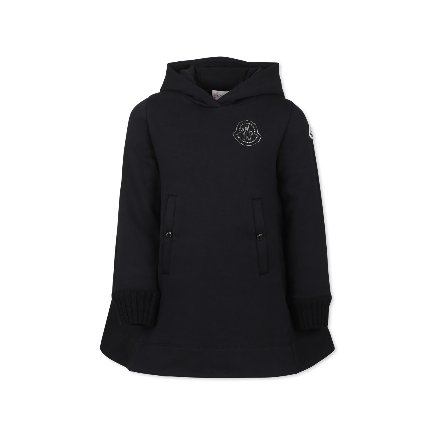 Moncler Hooded Crystal Logo Dress In Black