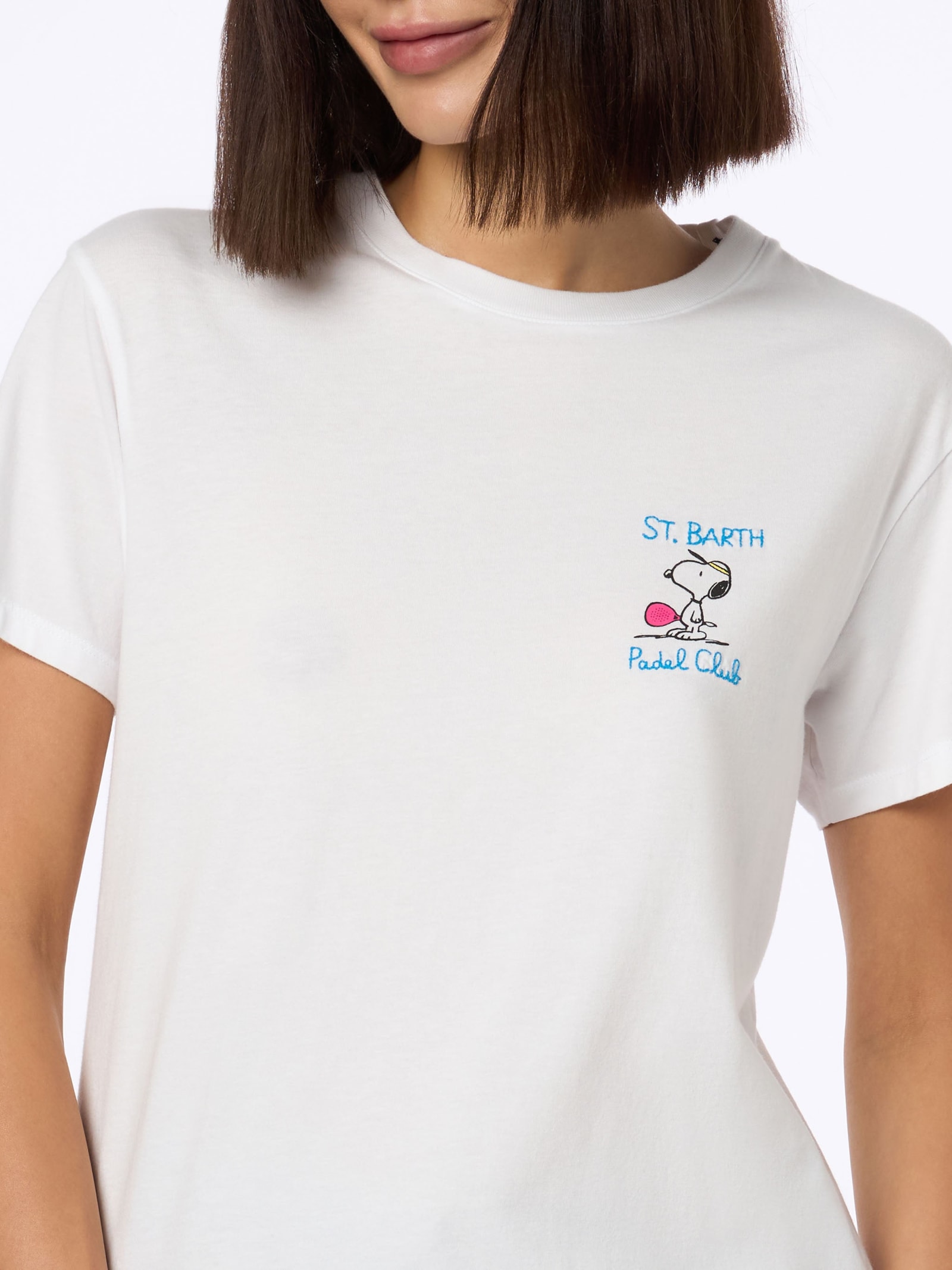 Mc2 Saint Barth Woman Pink Cotton Jersey Crewneck T-shirt Emilie With Snoopy St. Barth Padel Club Embroidery Snoopy In White