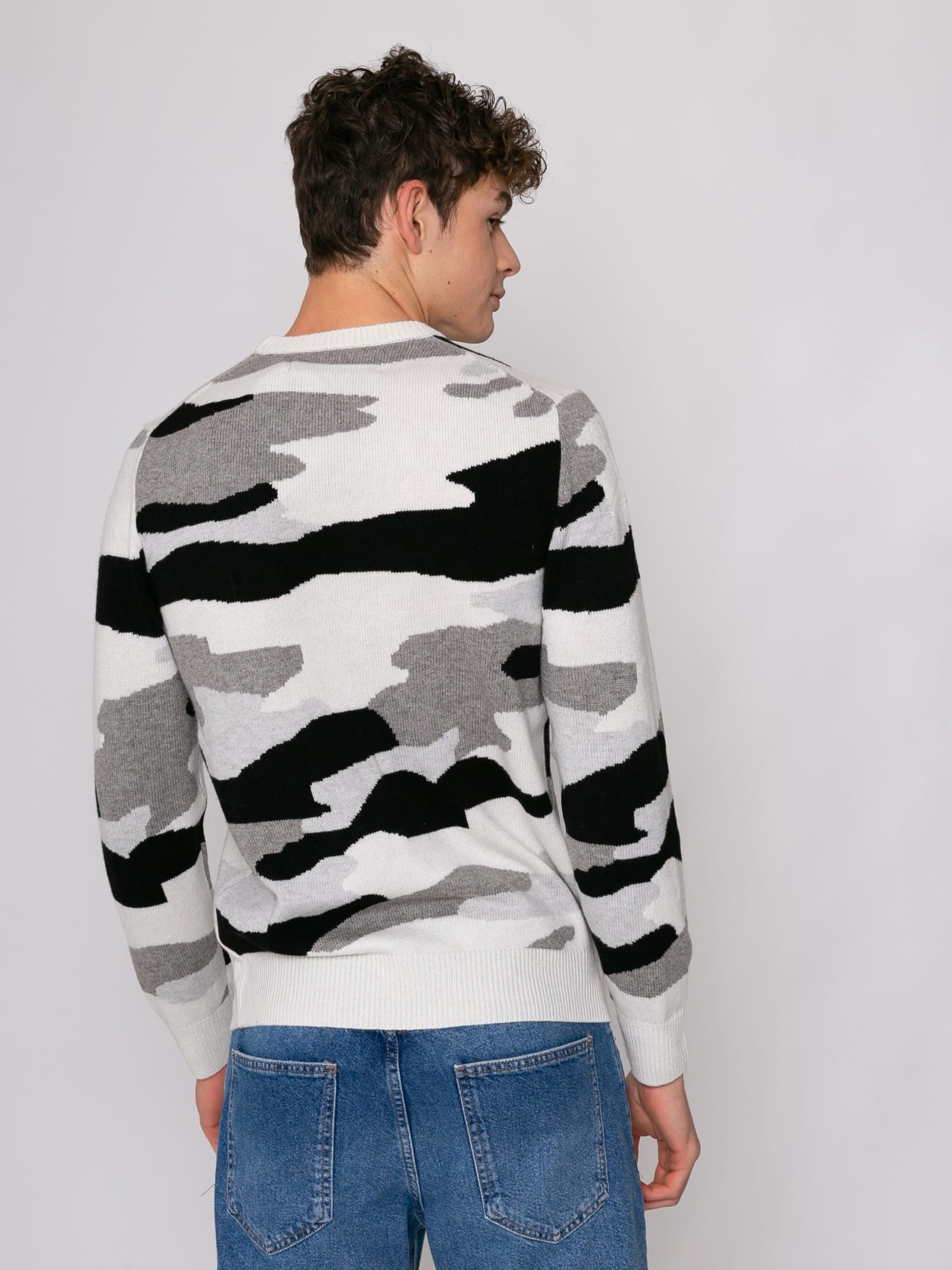 Mc2 Saint Barth Camouflage Man Sweater Off-piste Team Fluo Yellow Print In White