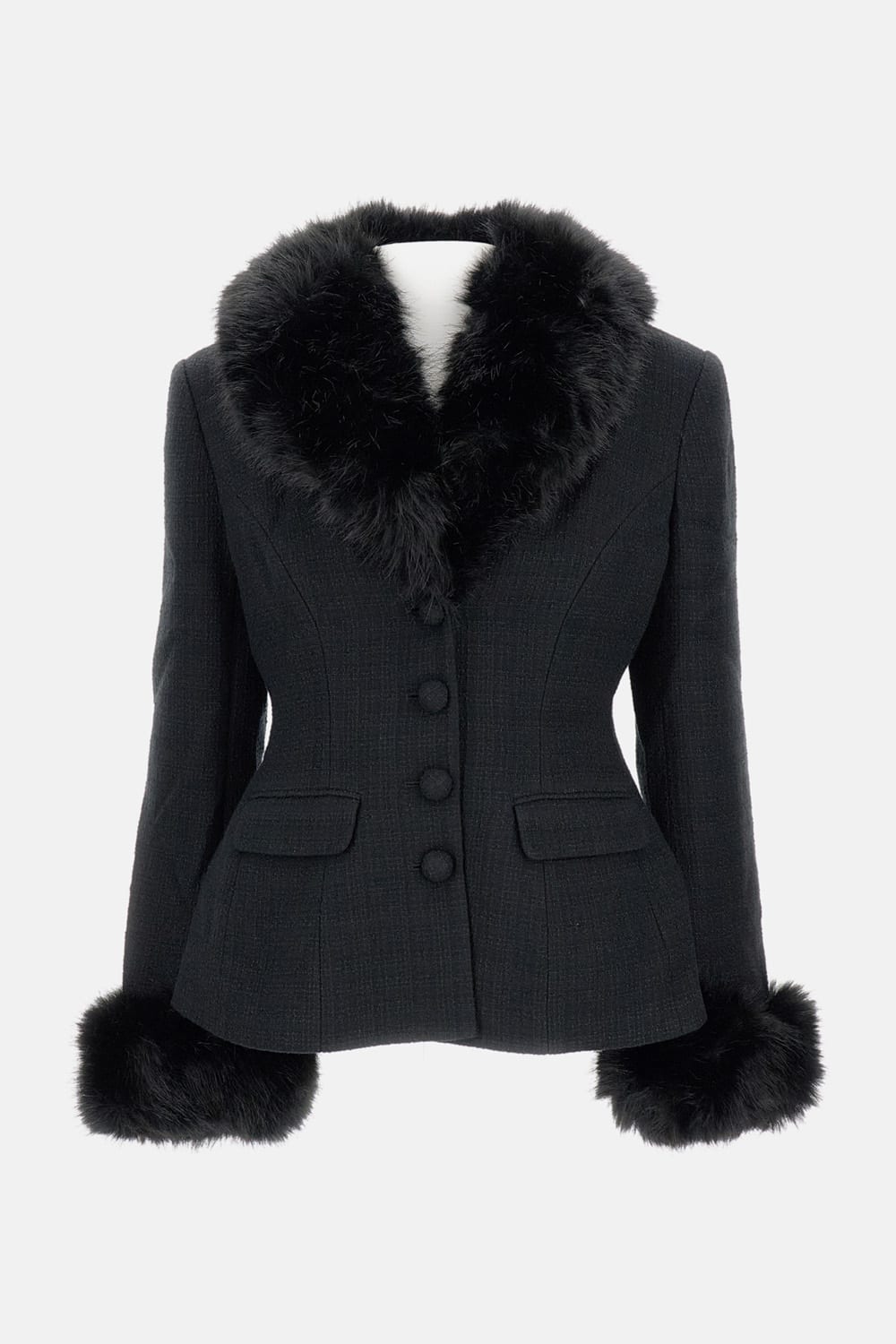 Self-portrait Fur-trimmed Tweed Jacket In Black