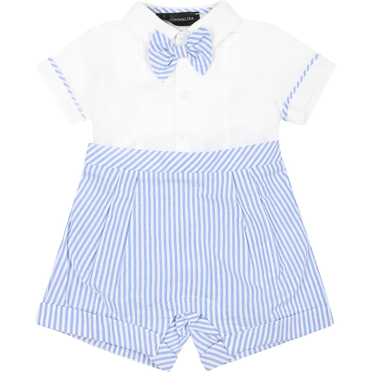 Shop Monnalisa Light Blue Romper For Baby Boy With Bow Tie In White