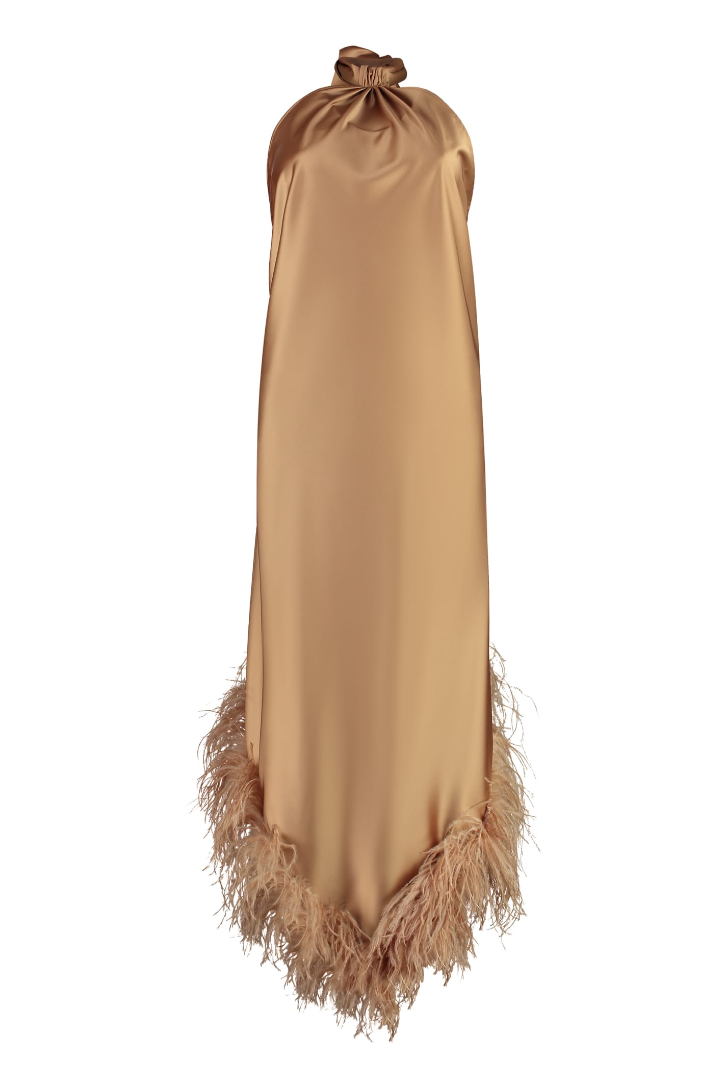 Giuseppe Di Morabito Asymmetrical Satin Dress With Open Back And Feather Hem In Camel