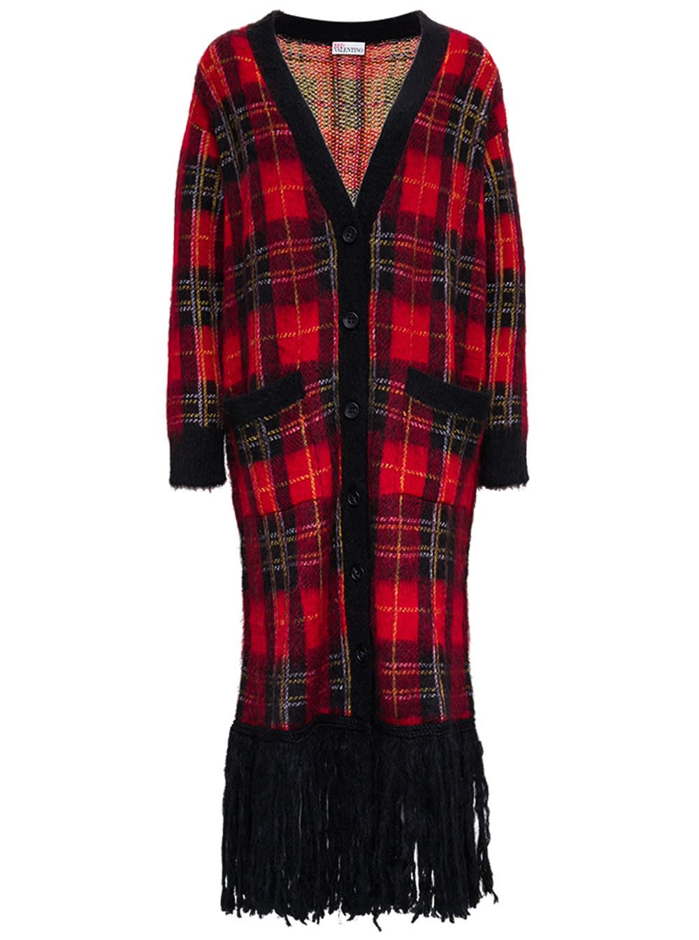 RED Valentino Long Check Coat With Fringes Detail