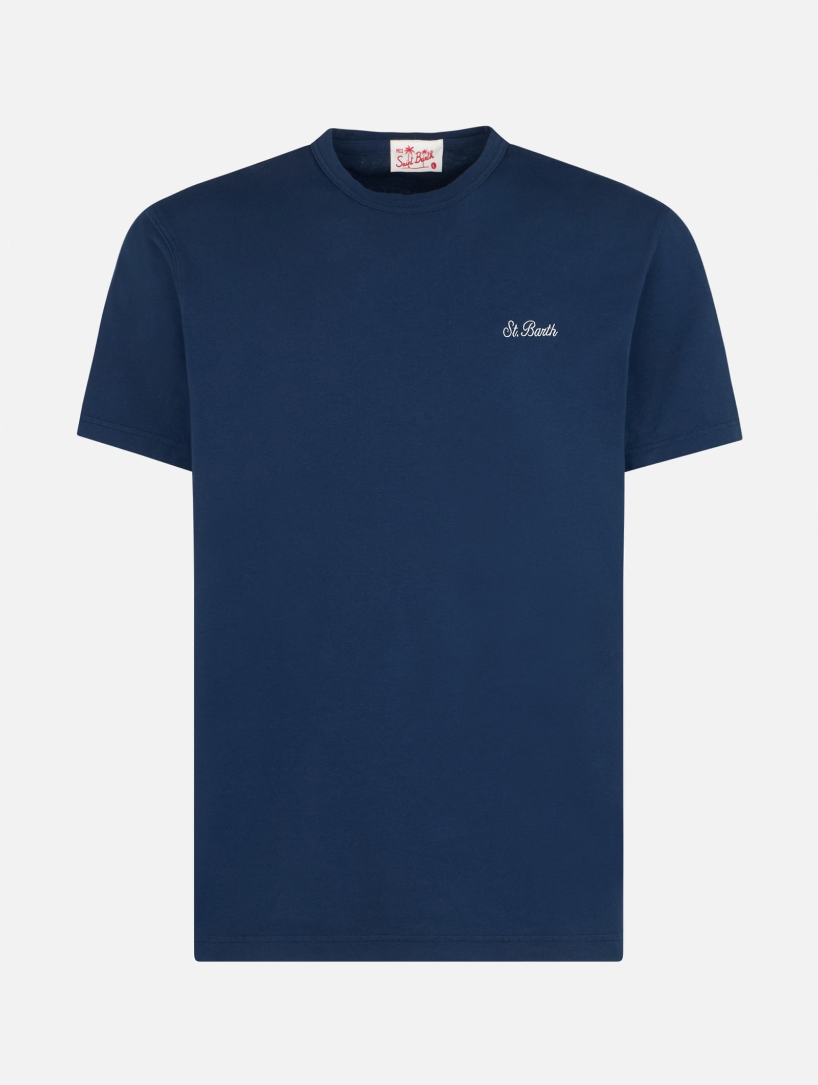 Shop Mc2 Saint Barth Man Blue Cotton Jersey T-shirt Dover With St. Barth Embroidery