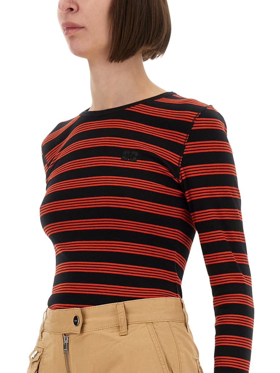 Ganni Fitted Long-sleeved T-shirt With Bold Striped Pattern In Red