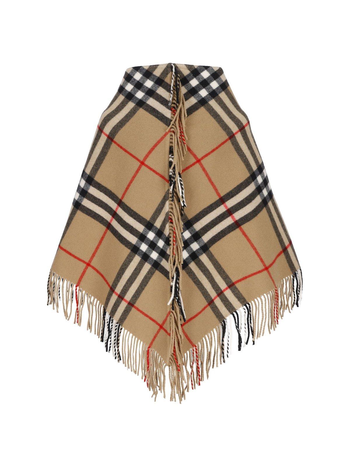 Shop Burberry Check Printed Fringed Cape In Beige