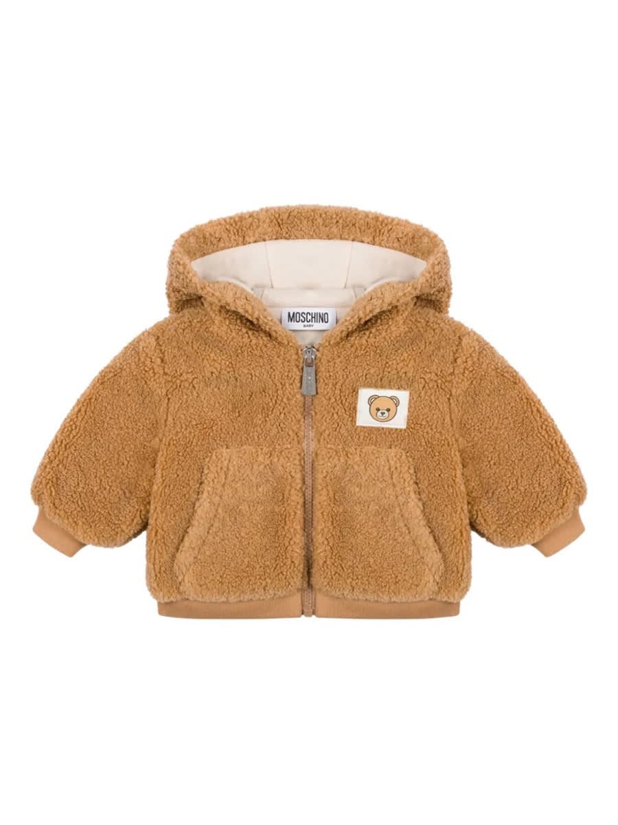 Moschino Brown Faux Fur Coat For Babykids With Teddy Bear In Brown