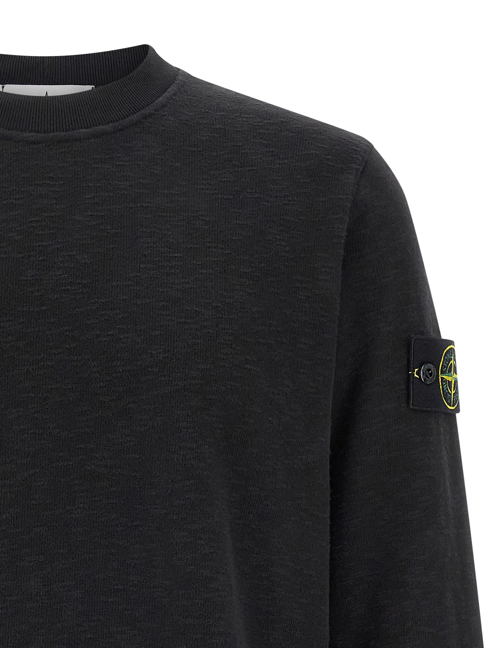 Stone Island Organic Cotton Crew Neck Sweater With English Ribs Knitwear Blue In Black