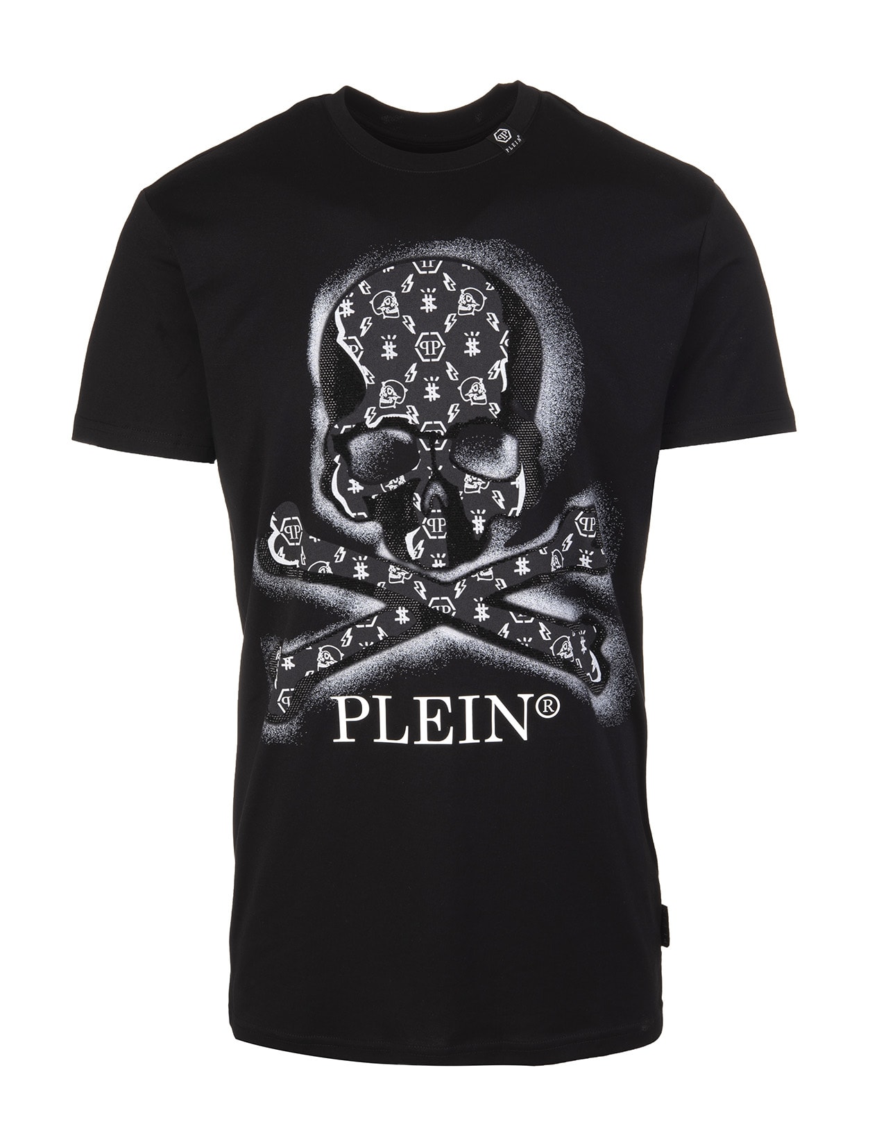 Philipp Plein Man Black Short Sleeve T-shirt With Skull Printed In Crystals