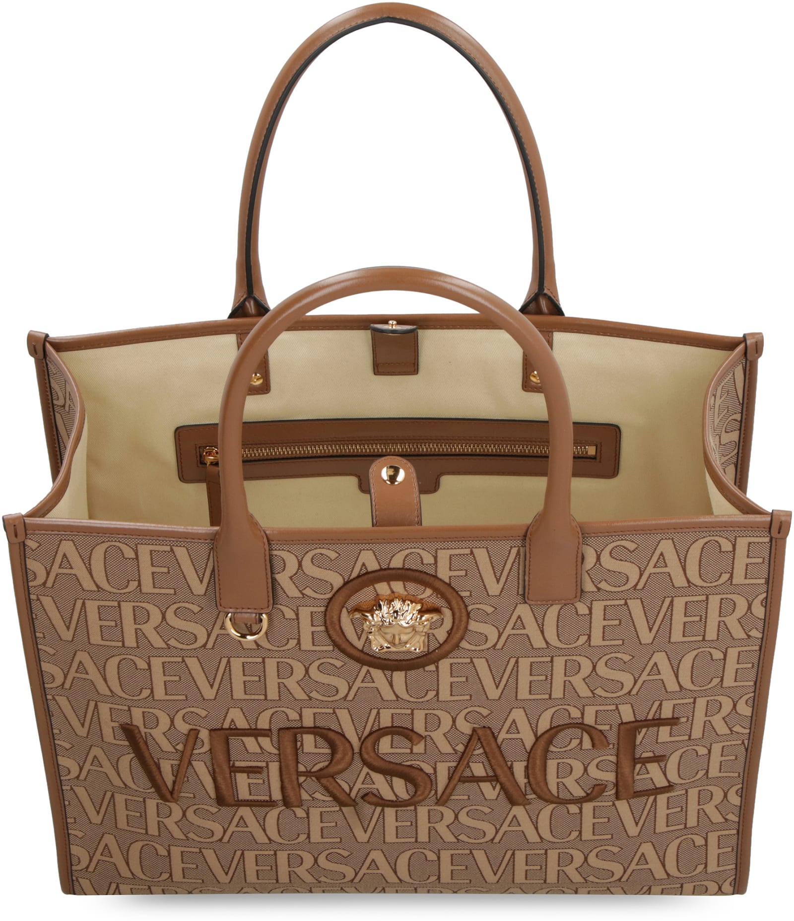 VERSACE: Allover ag in jacquard canvas - Brown  Versace tote bags  10047411A08199 online at