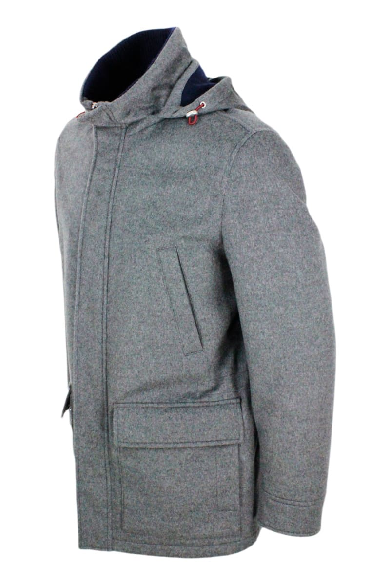 Shop Brunello Cucinelli Cashmere Down Jacket Padded With Real Goose Down With Detachable Hood And Zip And Button Closure In Grey