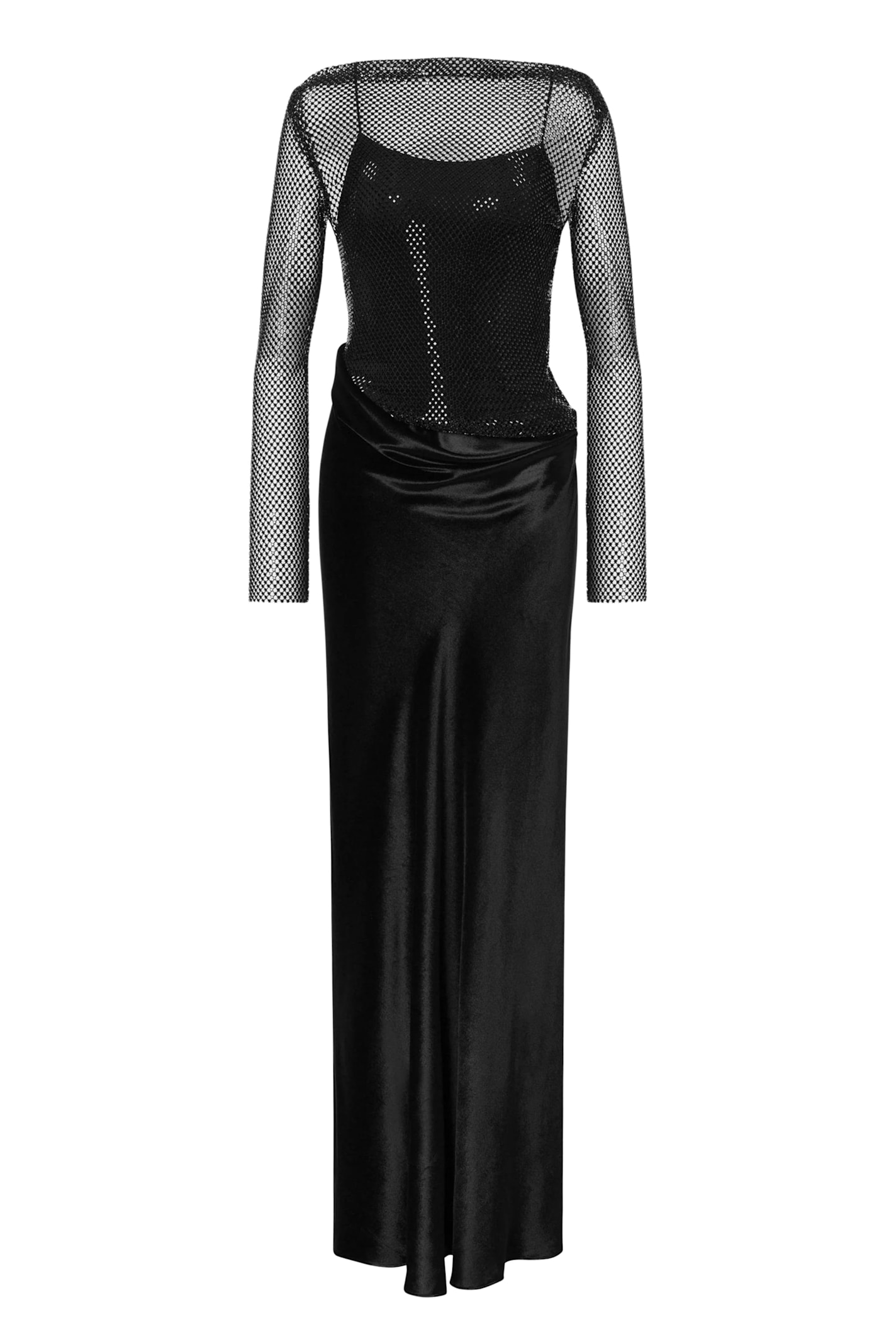Alberta Ferretti Long Sleeve Maxi Dress With Mesh Overlay In Black