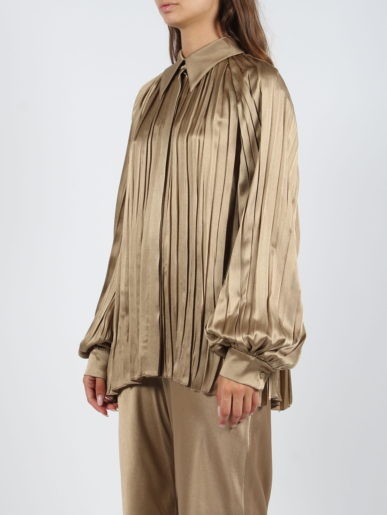 Shop Alberta Ferretti Satin Pleated Shirt In Light Brown