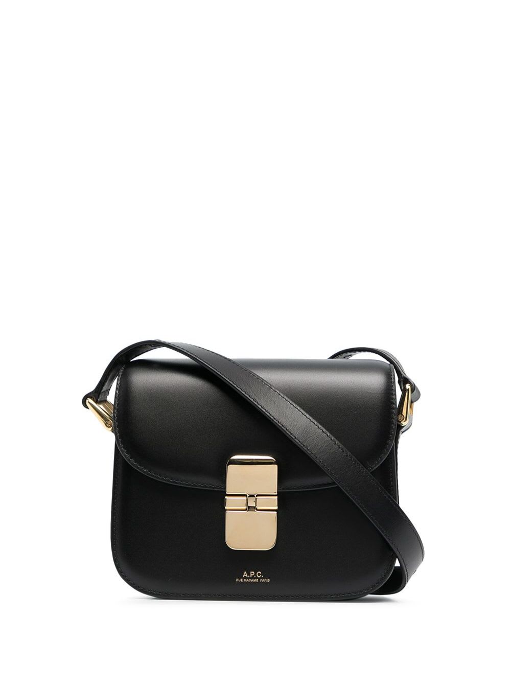 Apc Grace Black Mini Crossbody Bag With Adjustable Shoulder Strap And Embossed Logo Lettering On The Fro