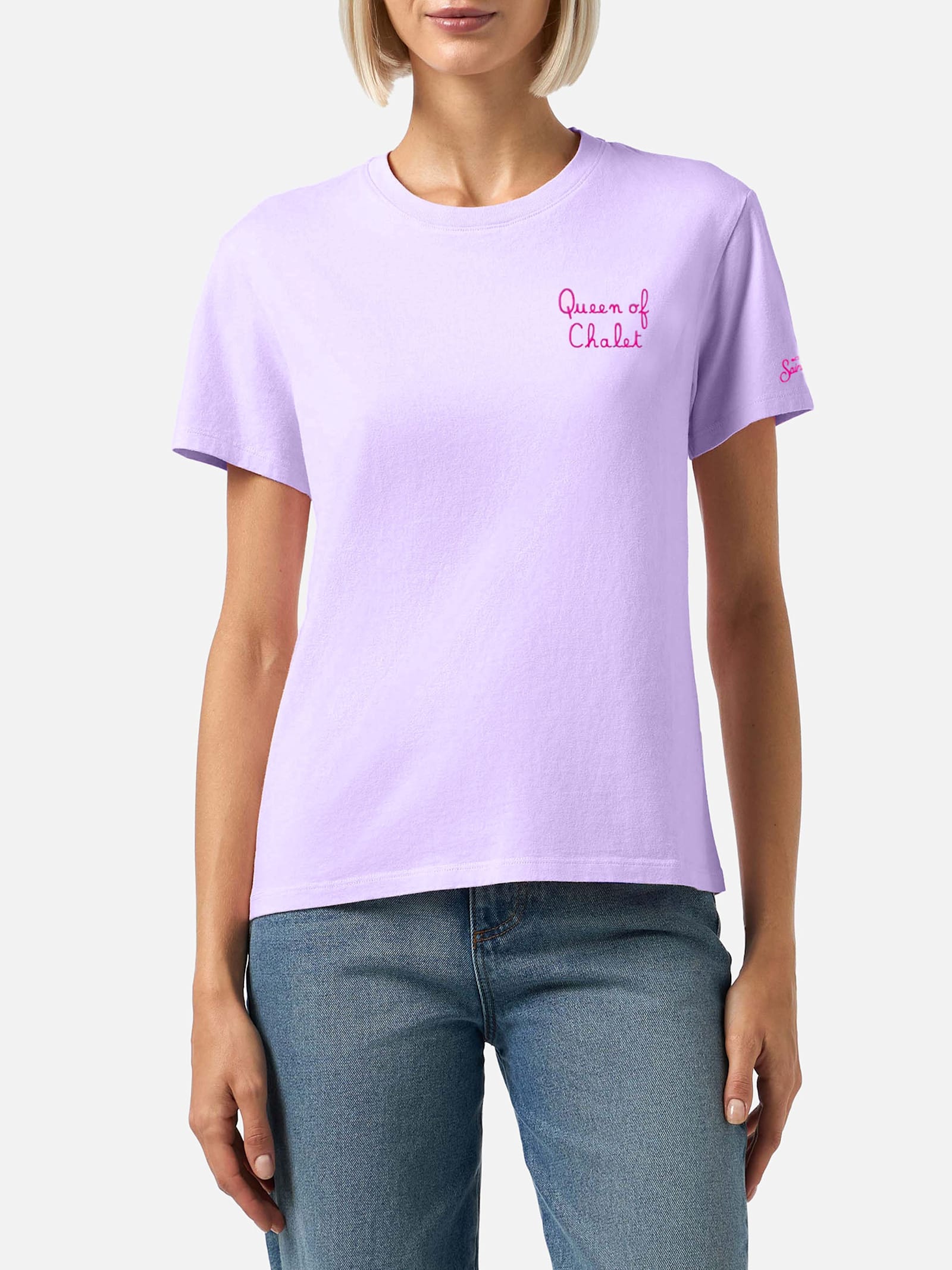 Mc2 Saint Barth Winter Cotton T-shirt Emilie With Queen Of Chalet Embroidery In Pink