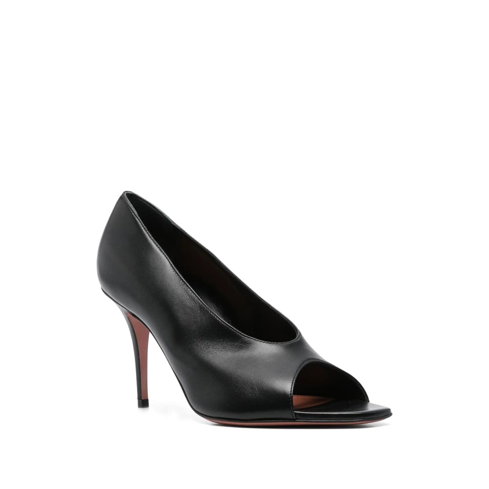 Amina Muaddi Black Calf Leather Bos Taurus Stiletto Heel Sandals In Black