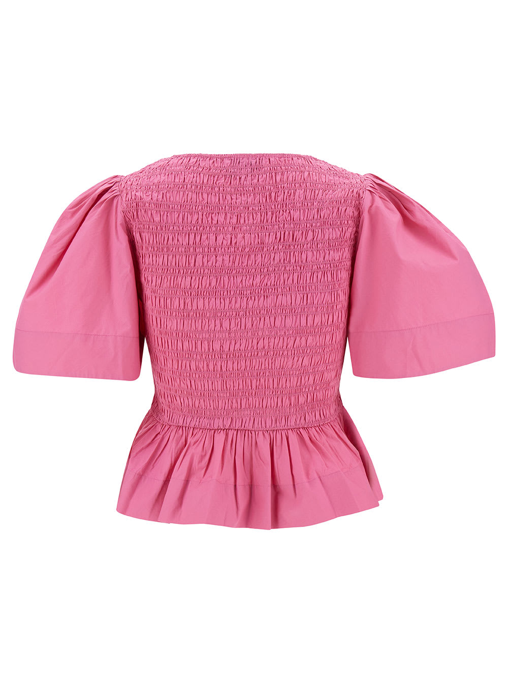Shop Ganni Pink Blouse With Elasticized Bodice In Cotton Woman