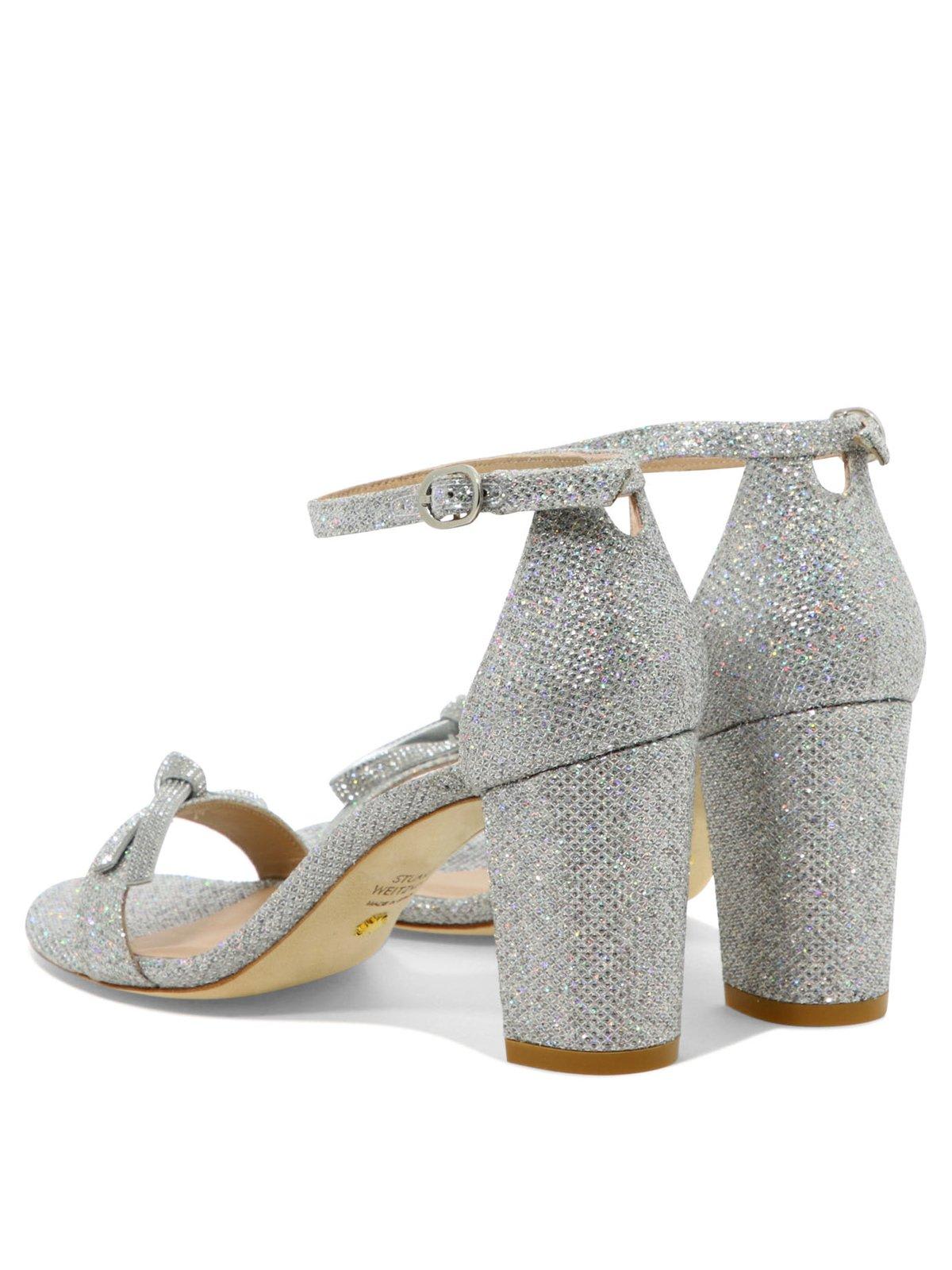 Shop Stuart Weitzman Nearlynude Bow Strap Heeled Sandals In Crystal Silver