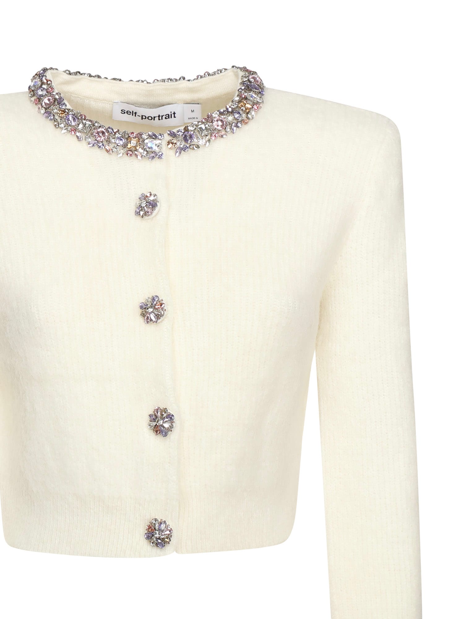 Self-portrait Embellished Trim Cardigan In White