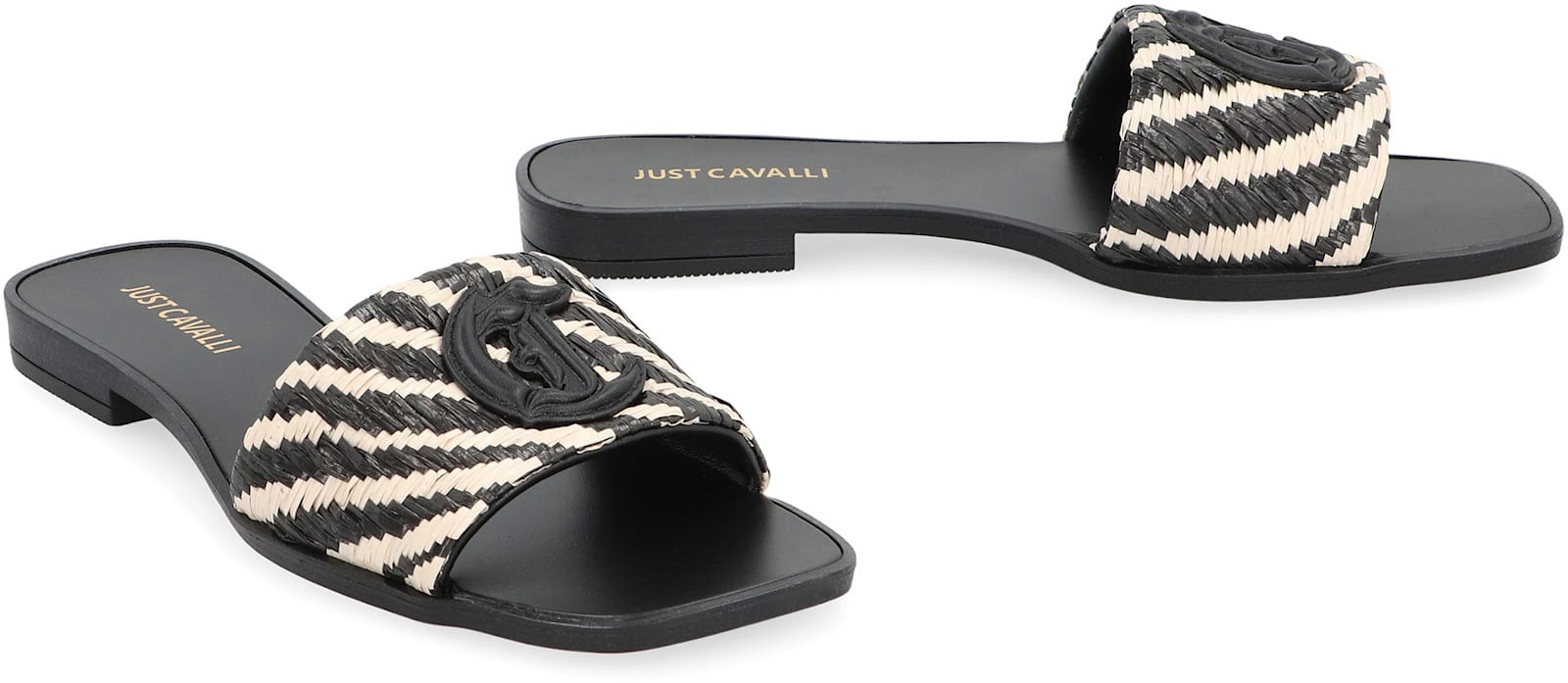 Just Cavalli Square Toe Flat Sandals With Woven Texture In Black