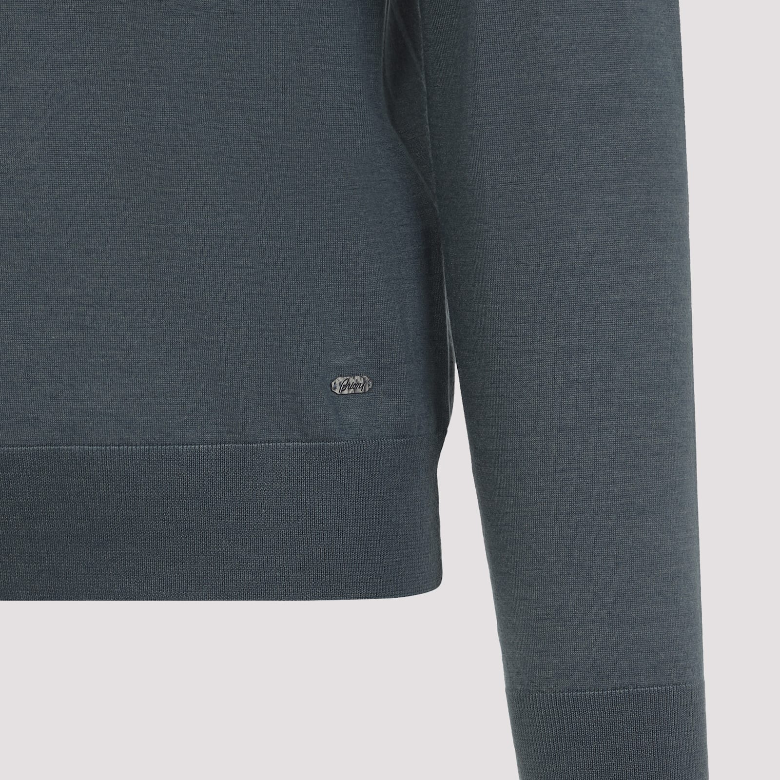 Brioni Ribbed Crewneck Sweater With Cuffs And Hem In Blue