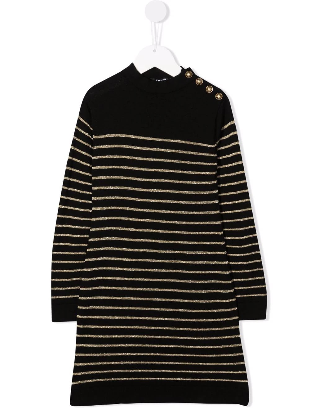 Balmain Kids Dress In Black Knit With Golden Stripes And Embossed Buttons