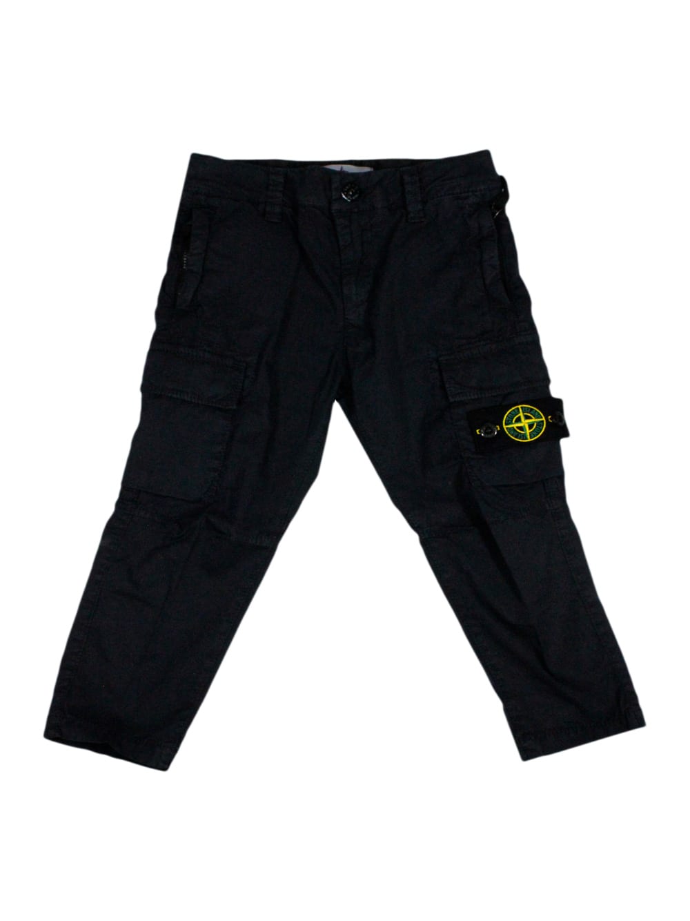 Stone Island Kids' Stretch Cotton Cargo Trousers With Pockets And Logo On The Leg Pocket In Blu