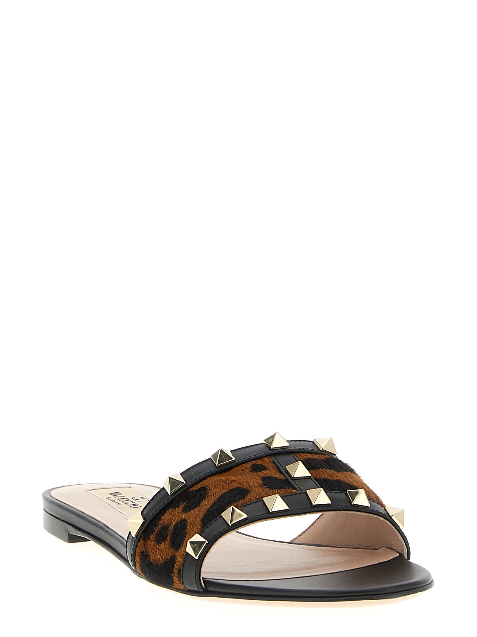 Valentino Rockstud Animal Print Flat Slides In Brown