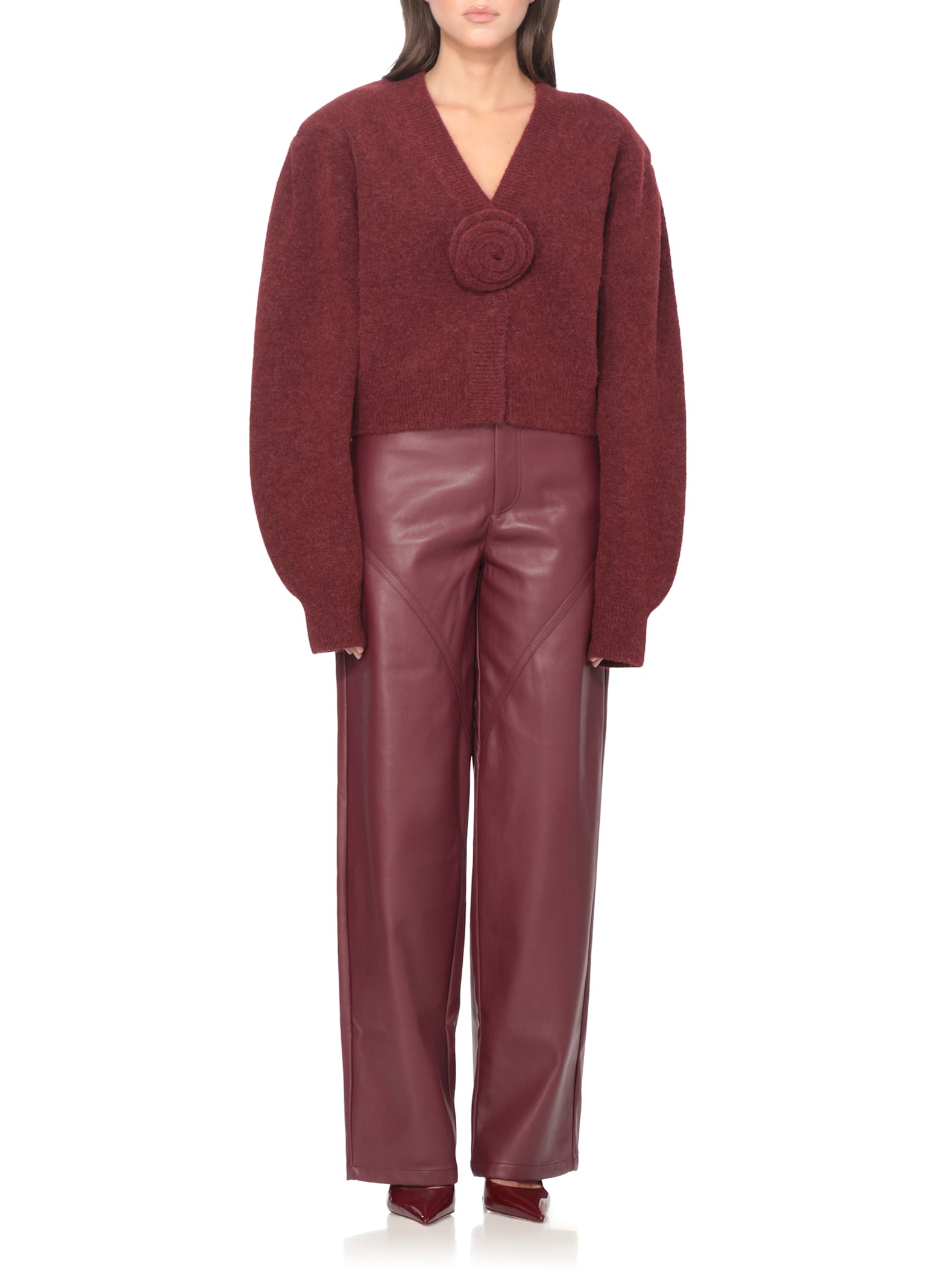 Rotate Birger Christensen Rose-embellished Puff-sleeve Cardigan In Brown