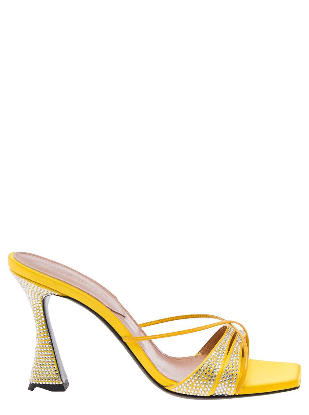 Yellow Slip-on Sandals With All-over Rhinestone In Satin Woman