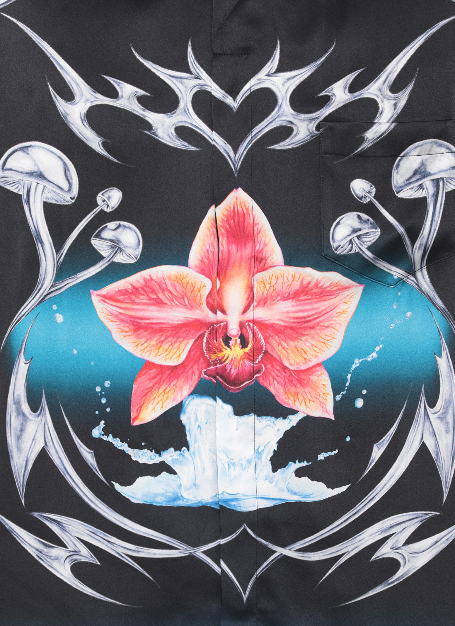 Casablanca Floral Graphic Short Sleeve Satin Top In Black