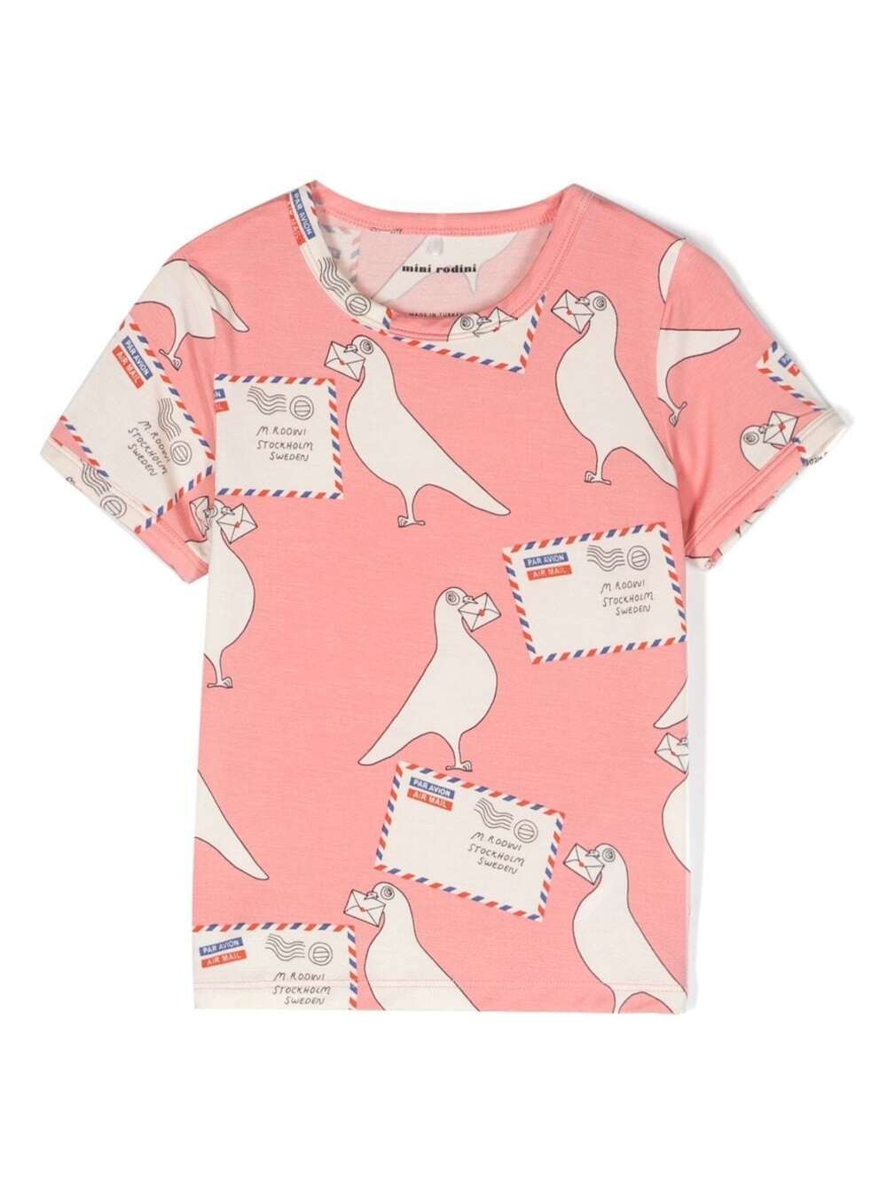Shop Mini Rodini Pink Crewneck T-shirt With All-over Pigeons Print In Stretch Fabric Girl