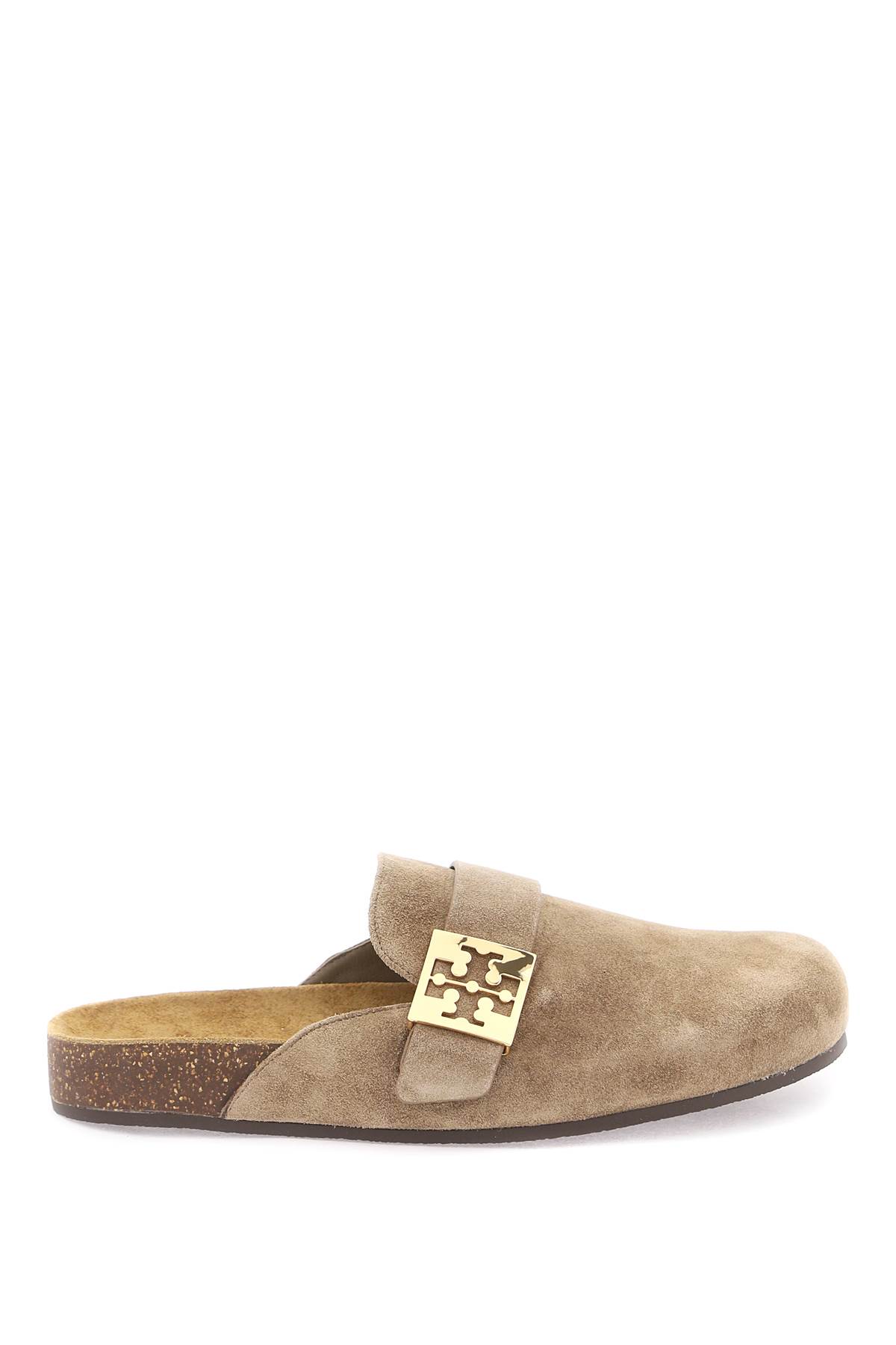 Tory Burch Mellow Logo Shearling Flat Mules In River Rock Gold (brown)